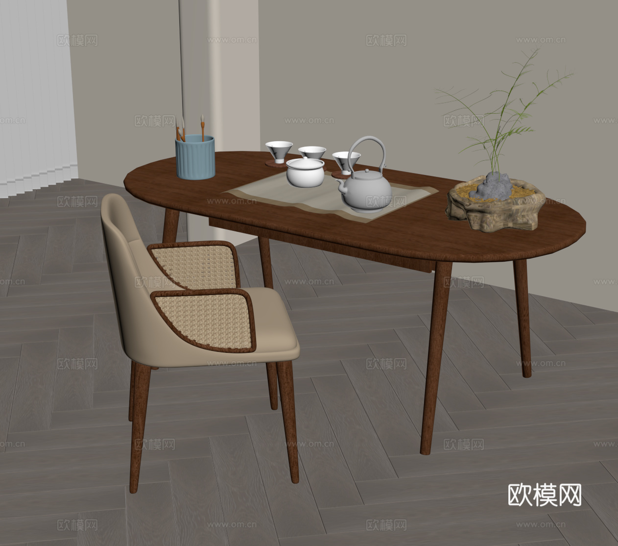 中古风书桌椅 休闲桌椅su模型