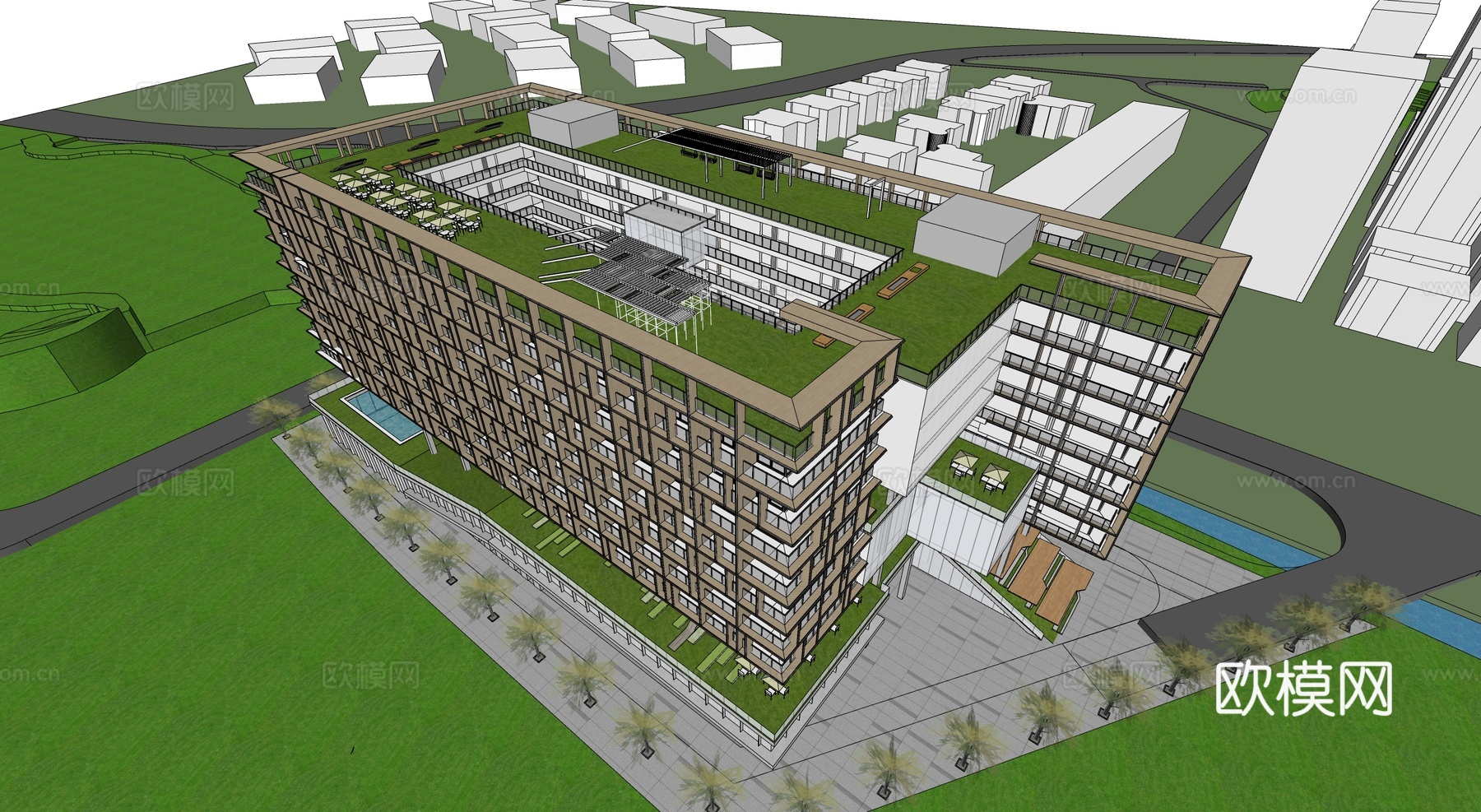 现代社区养老院建筑 福利院建筑 适老建筑 康养中心 老年公寓su模型