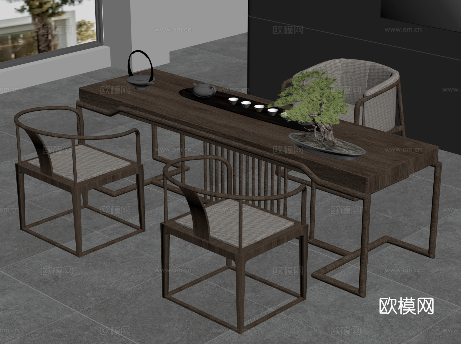 新中式茶桌椅su模型