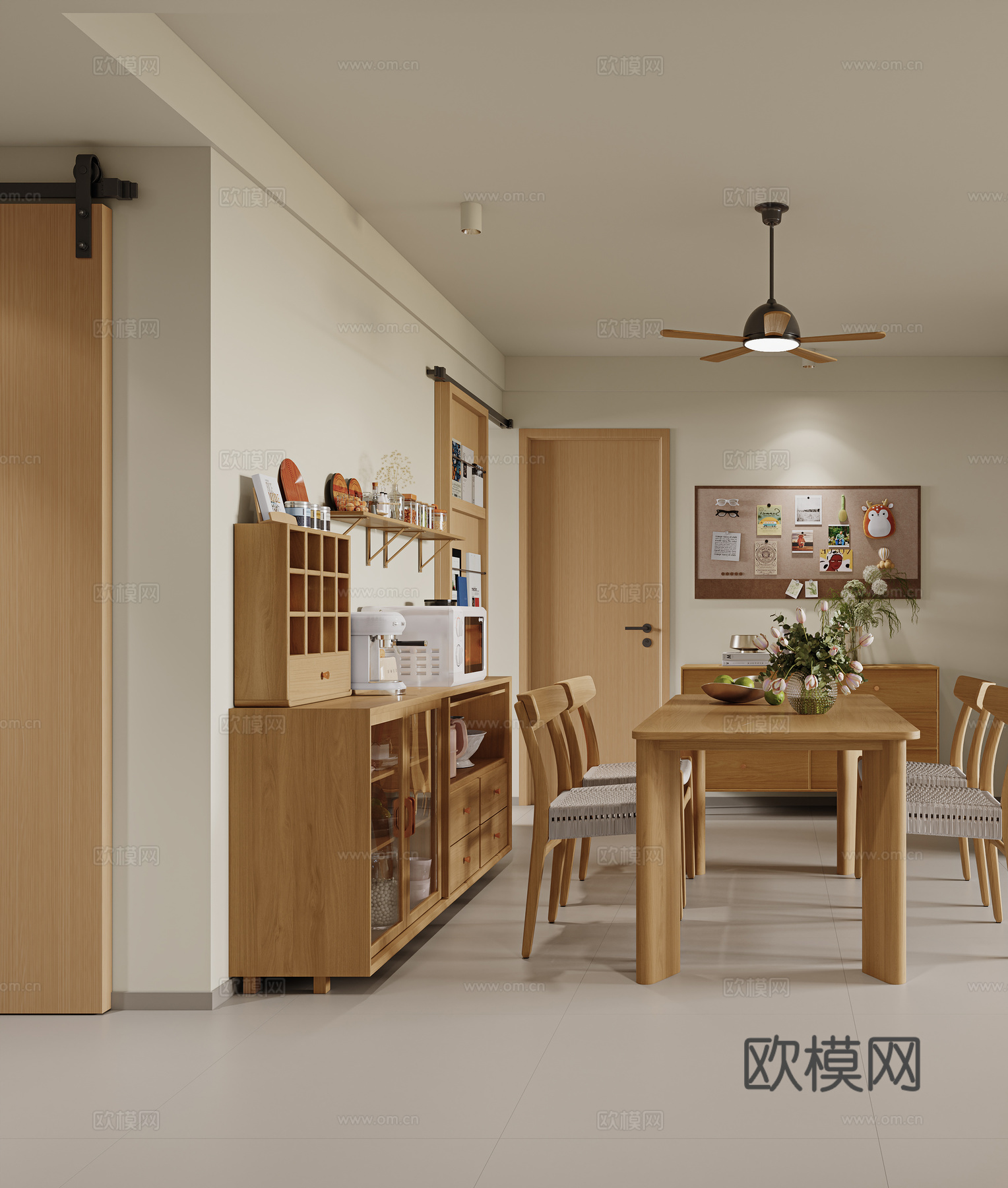 现代原木风餐厅 实木餐桌椅 四人餐桌椅 成品边柜 满墙书柜3d模型