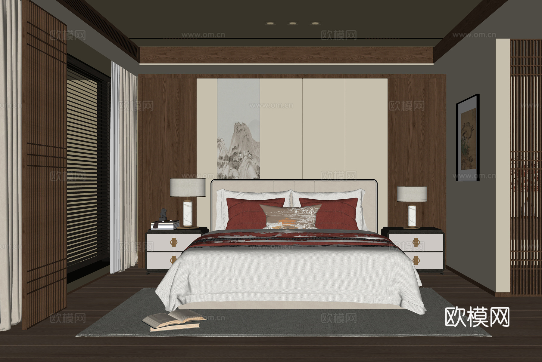 新中式卧室 双人床 床头柜su模型