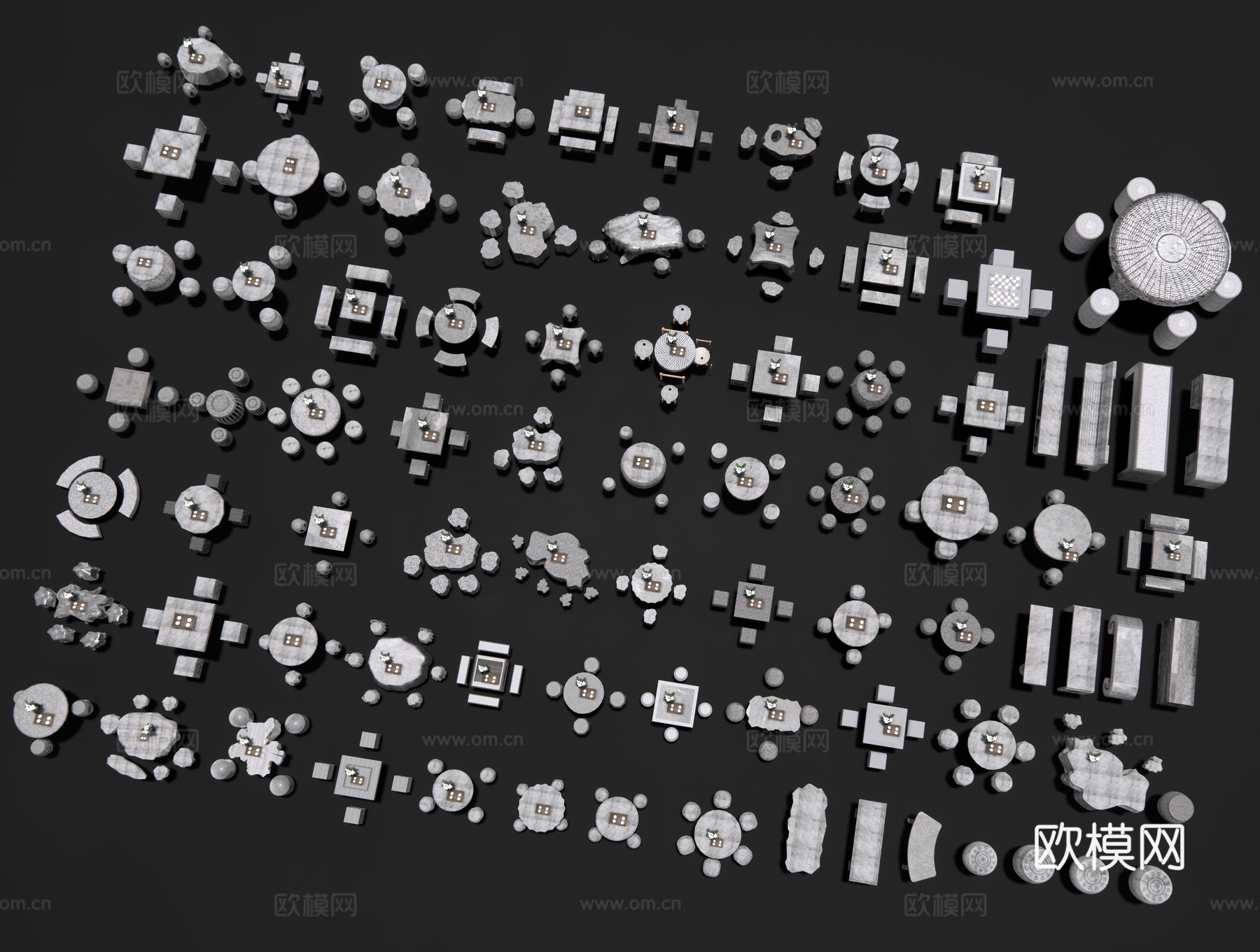新中式石桌椅 石桌石凳 景观座椅 石头座椅 石茶几 石台su模型