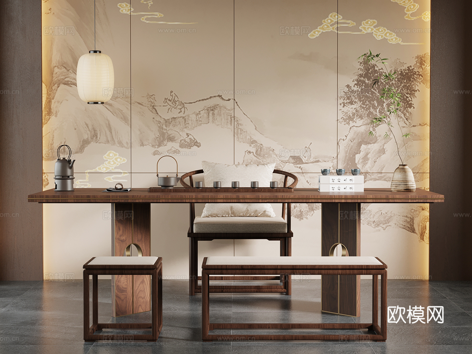 新中式茶桌椅su模型