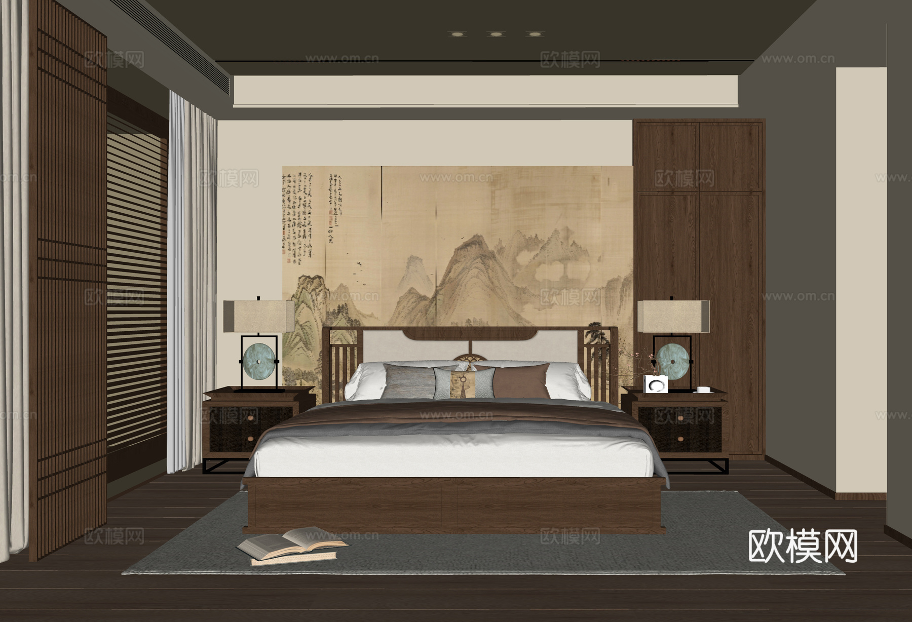 新中式卧室 双人床 床头柜su模型