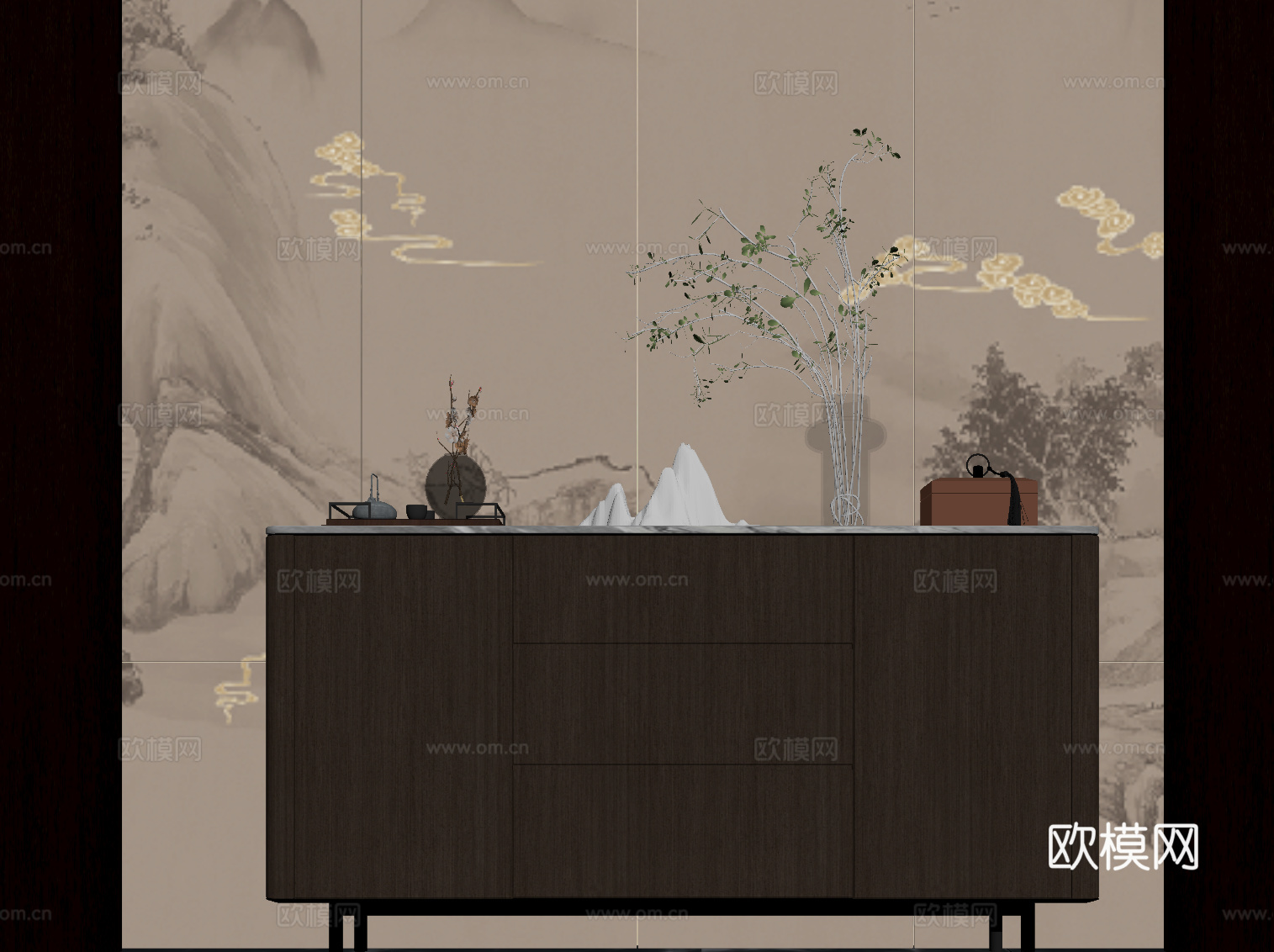 新中式玄关 端景柜 玄关柜su模型