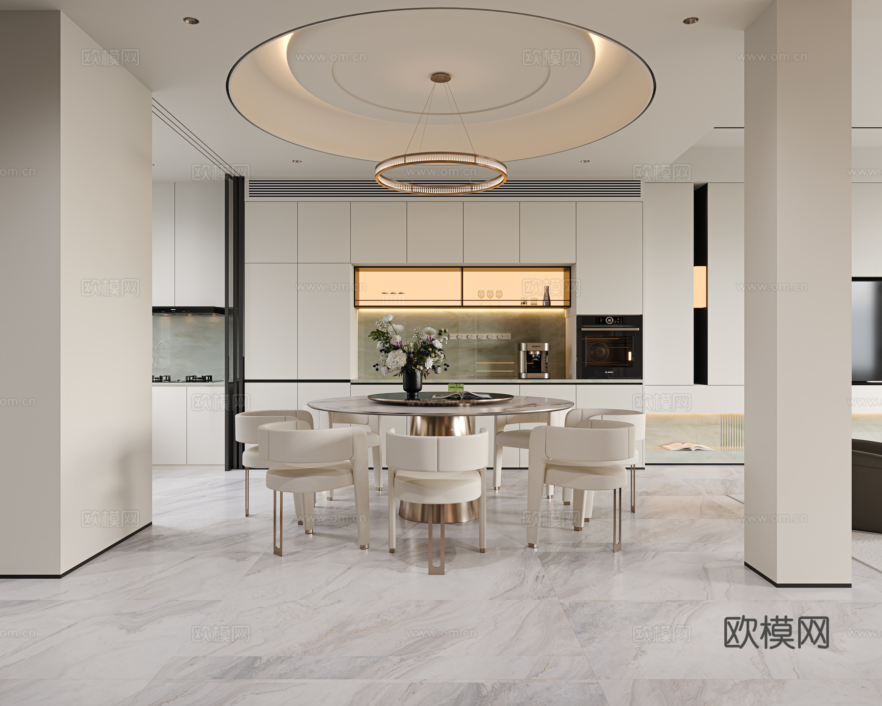 意式轻奢餐厅 现代轻奢餐厅 圆形餐桌椅组合 餐边柜 吊灯su模型
