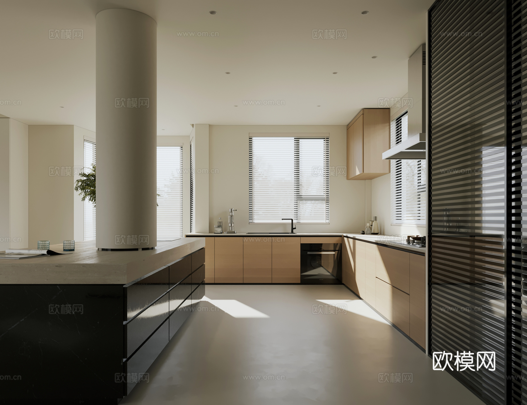 现代岛台厨房 奶油风开放式厨房 中岛台厨房3d模型下载（渲染图1）