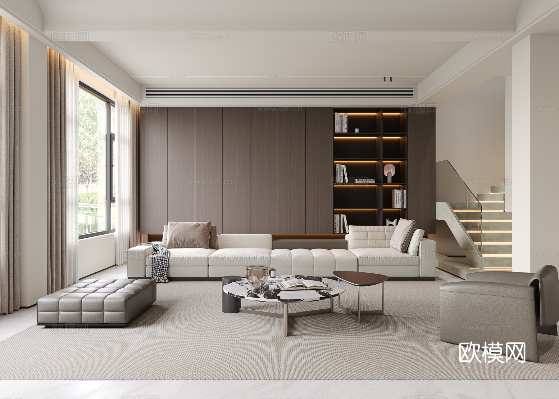 意式现代客厅 沙发茶几组合 组合沙发 多人沙发 子母茶几su模型