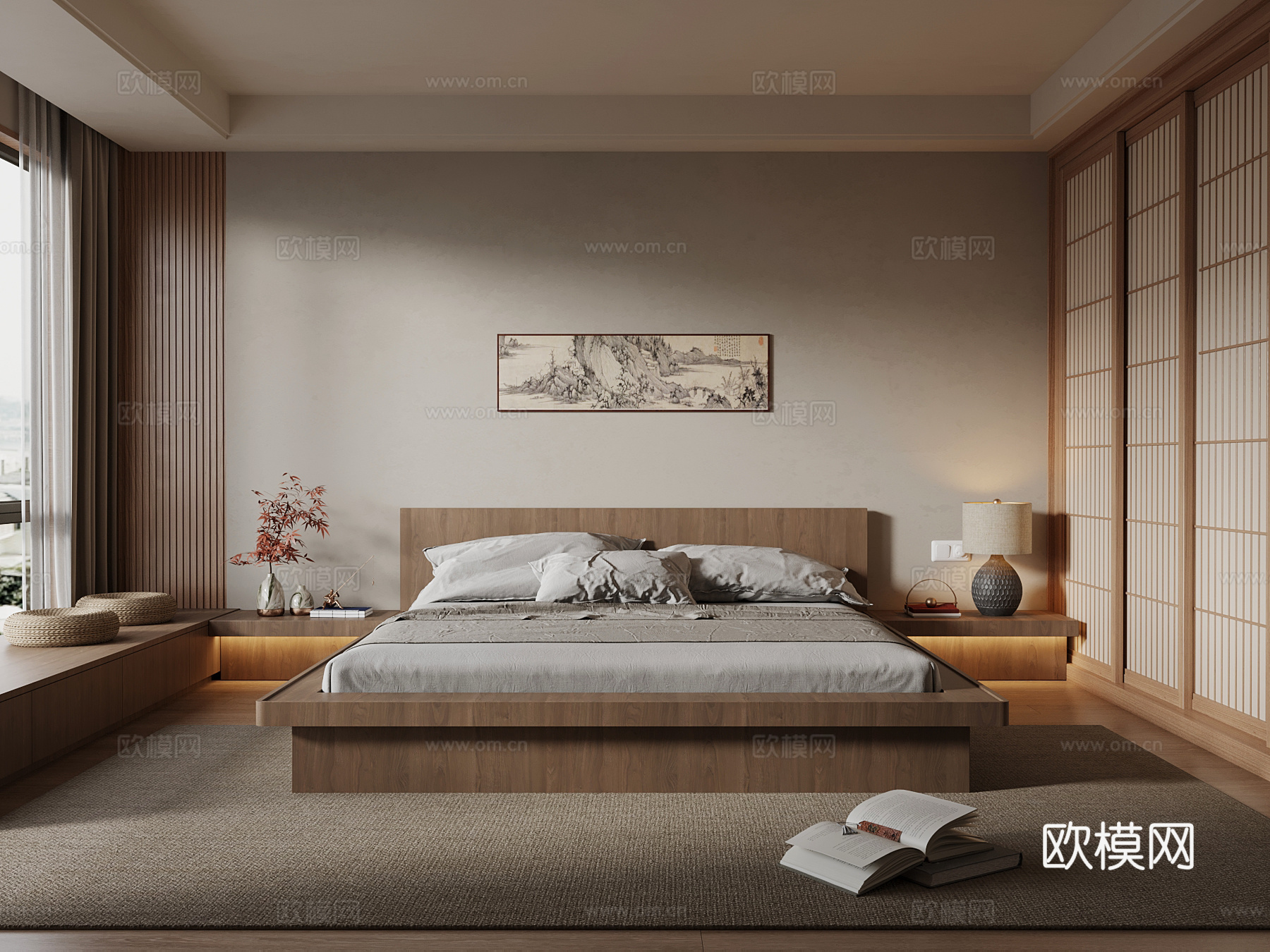 新中式卧室 双人床su模型