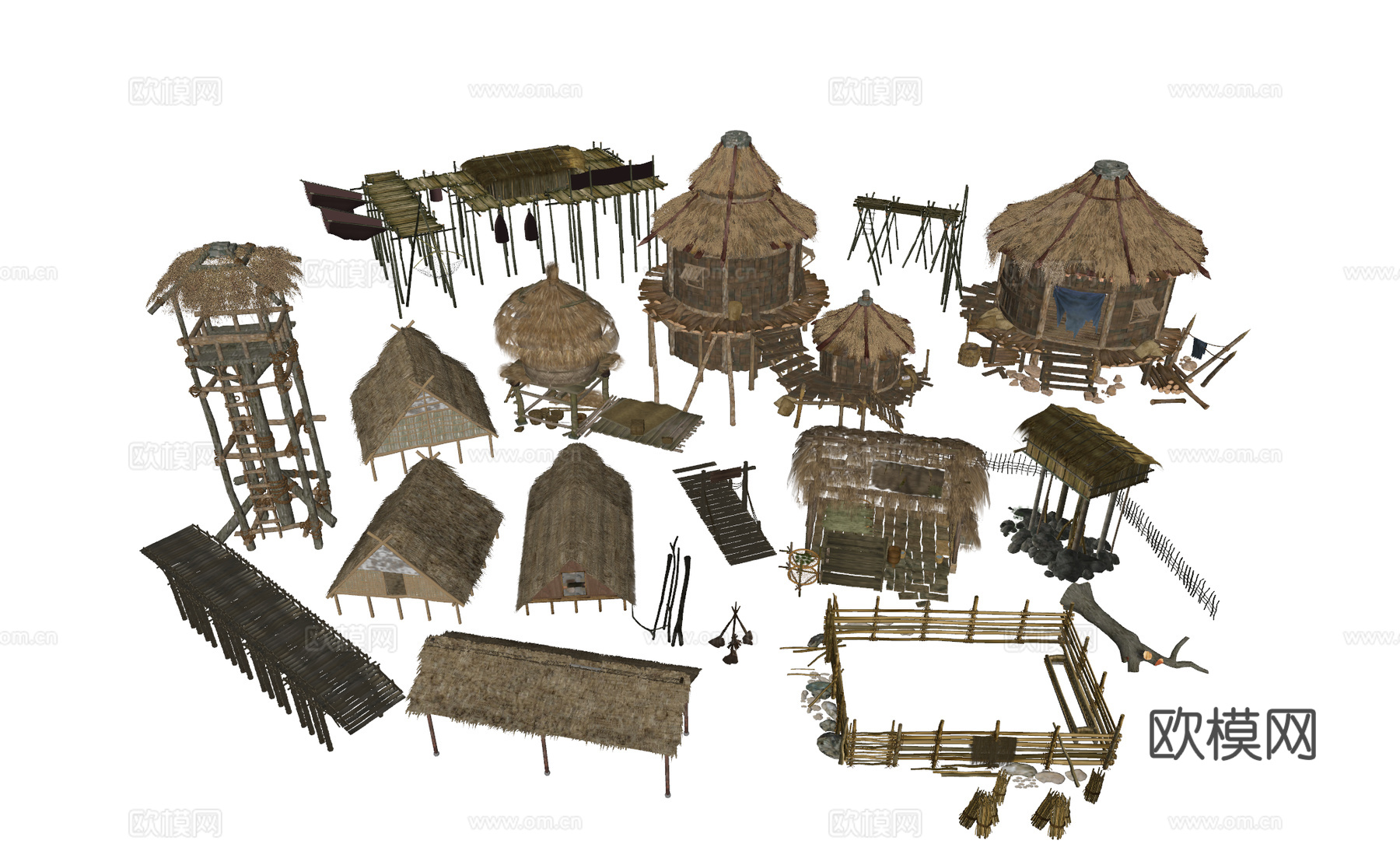 原始部落组合 茅草亭 古典古建筑 部落亭子 茅草屋 围栏su模型
