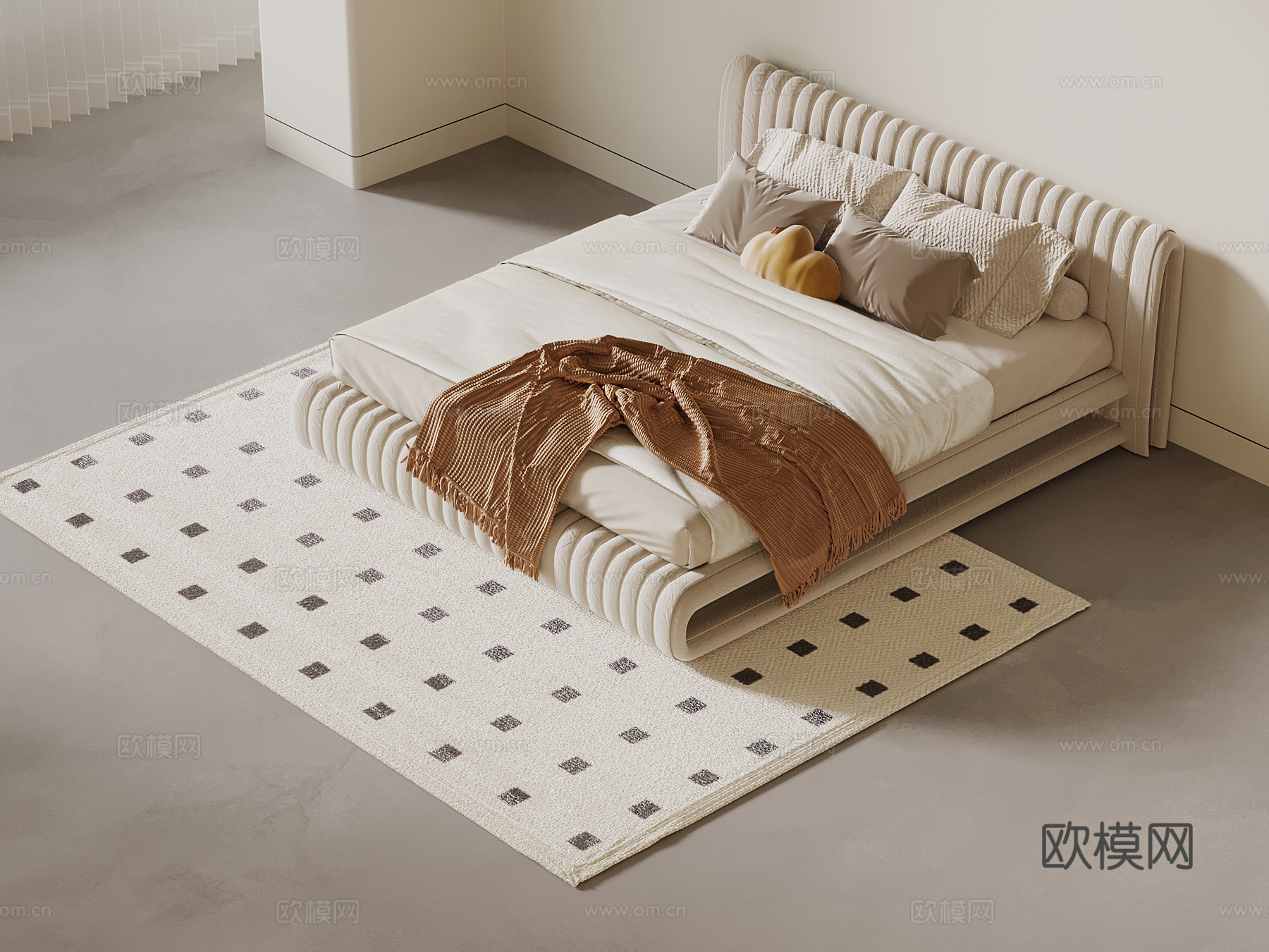 现代奶油风双人床su模型