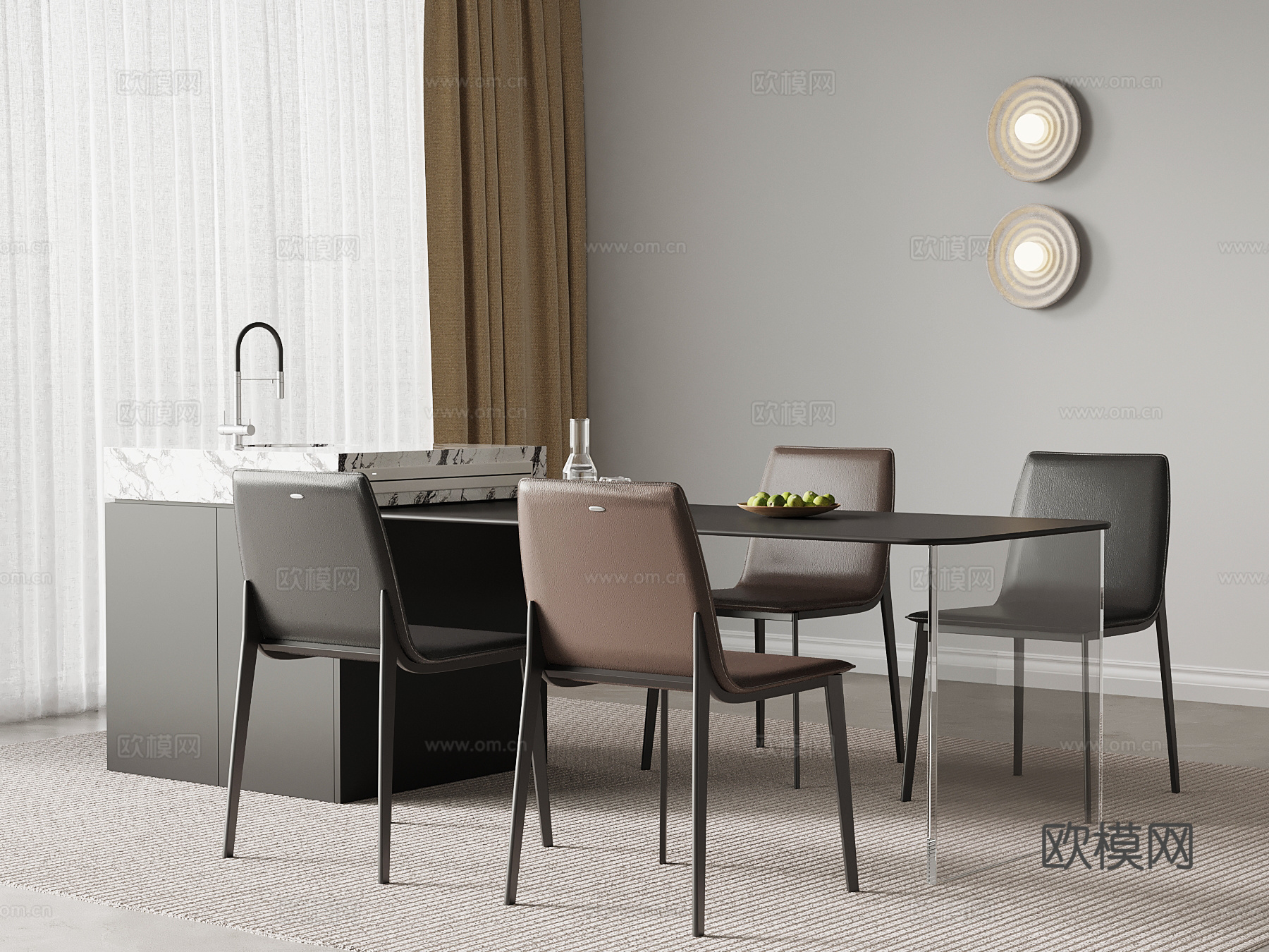 现代意式岛台 开放式餐桌椅su模型