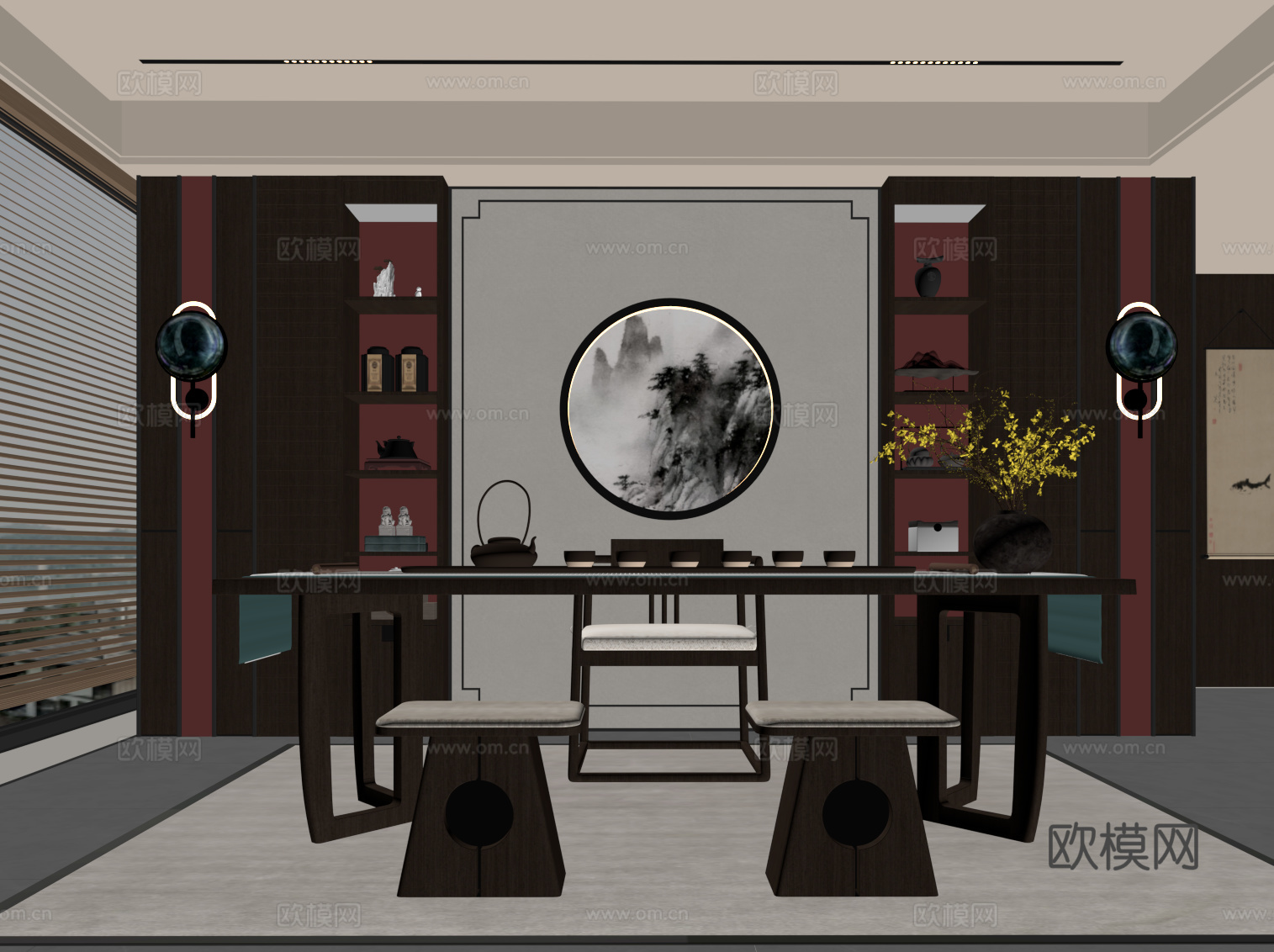 新中式茶室 茶桌椅 背景墙.su模型