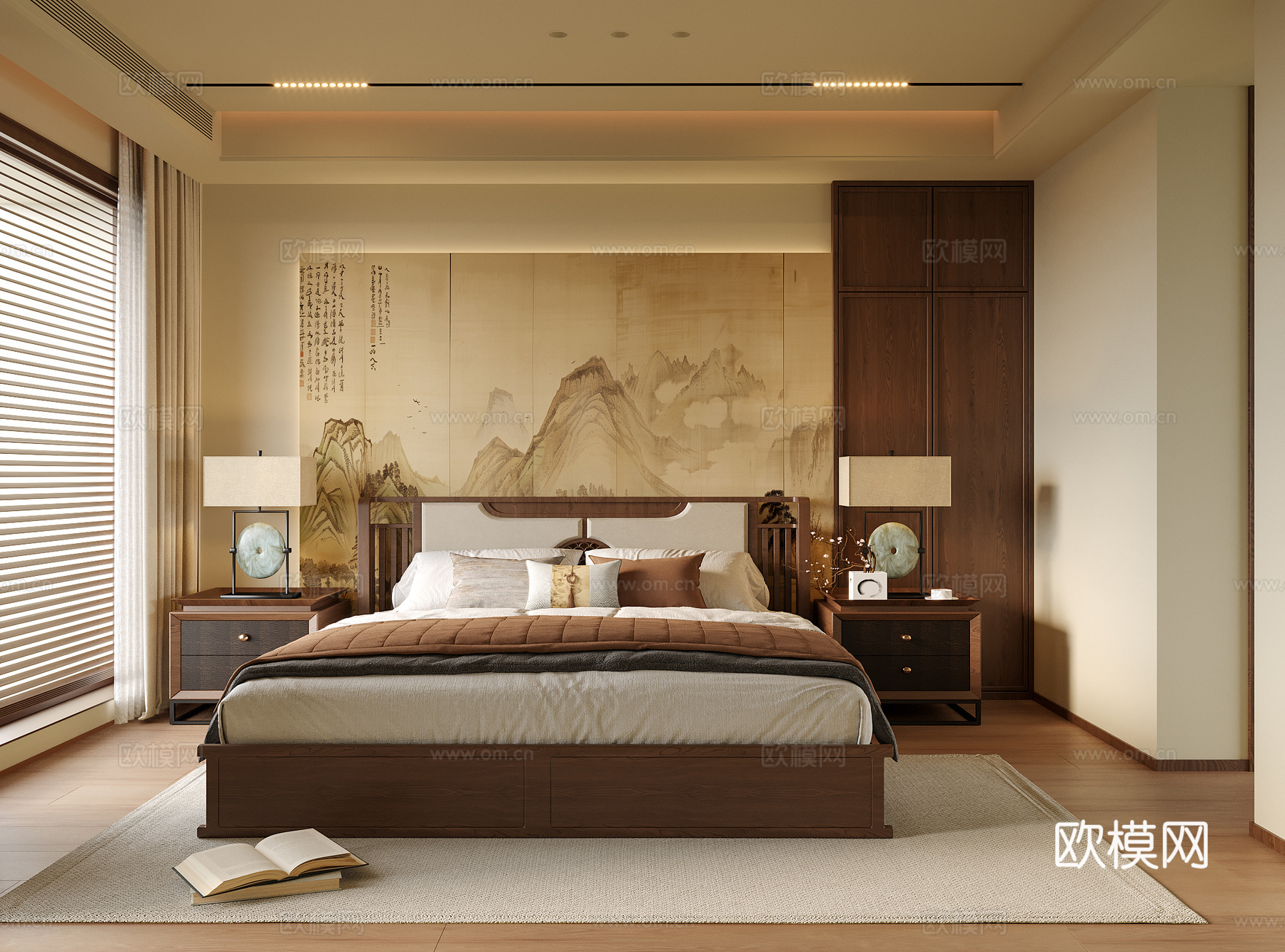 新中式卧室 双人床 床头柜su模型