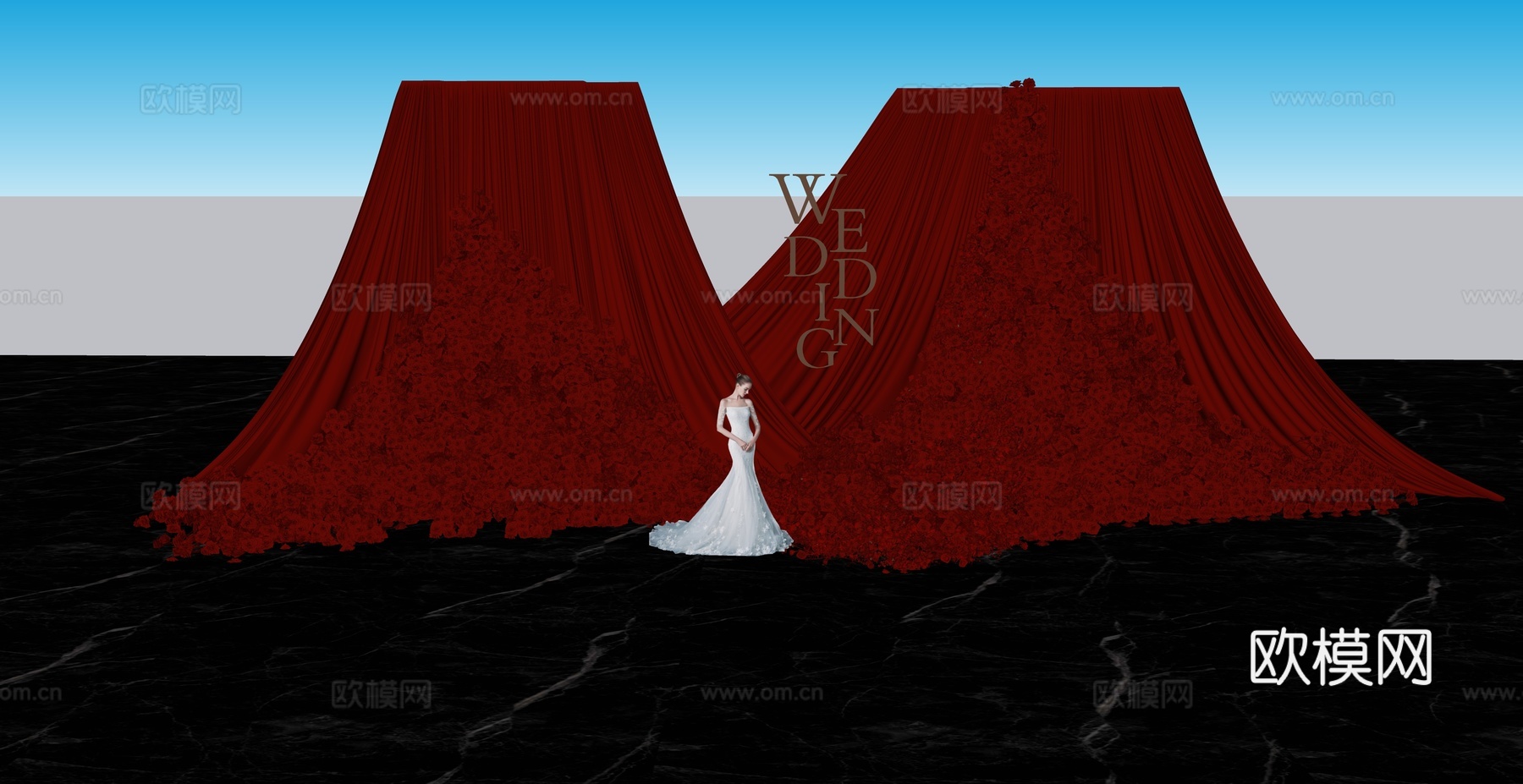 秀场风  红色布幔造型 婚礼花艺su模型