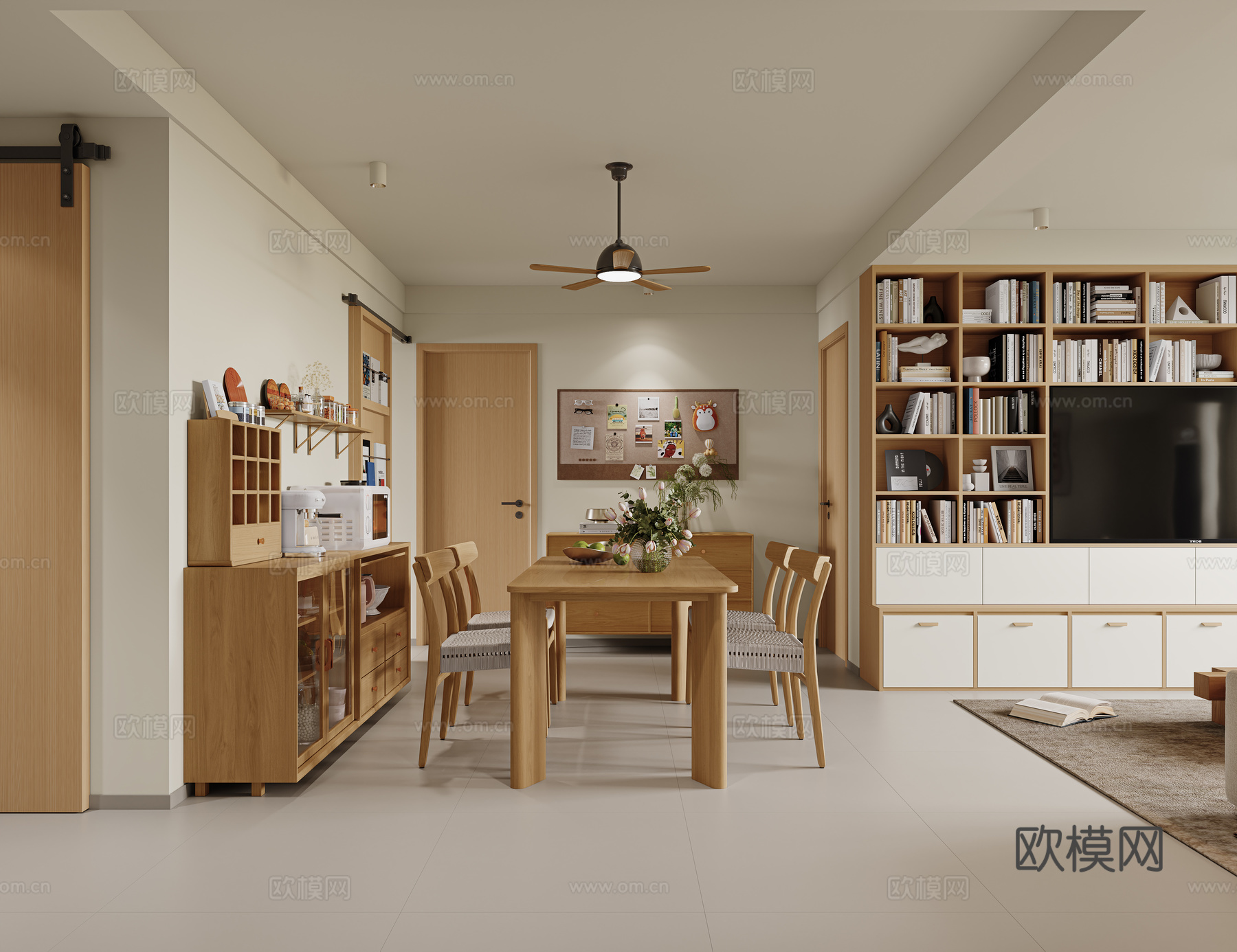 现代原木风餐厅 实木餐桌椅 四人餐桌椅 成品边柜 满墙书柜su模型