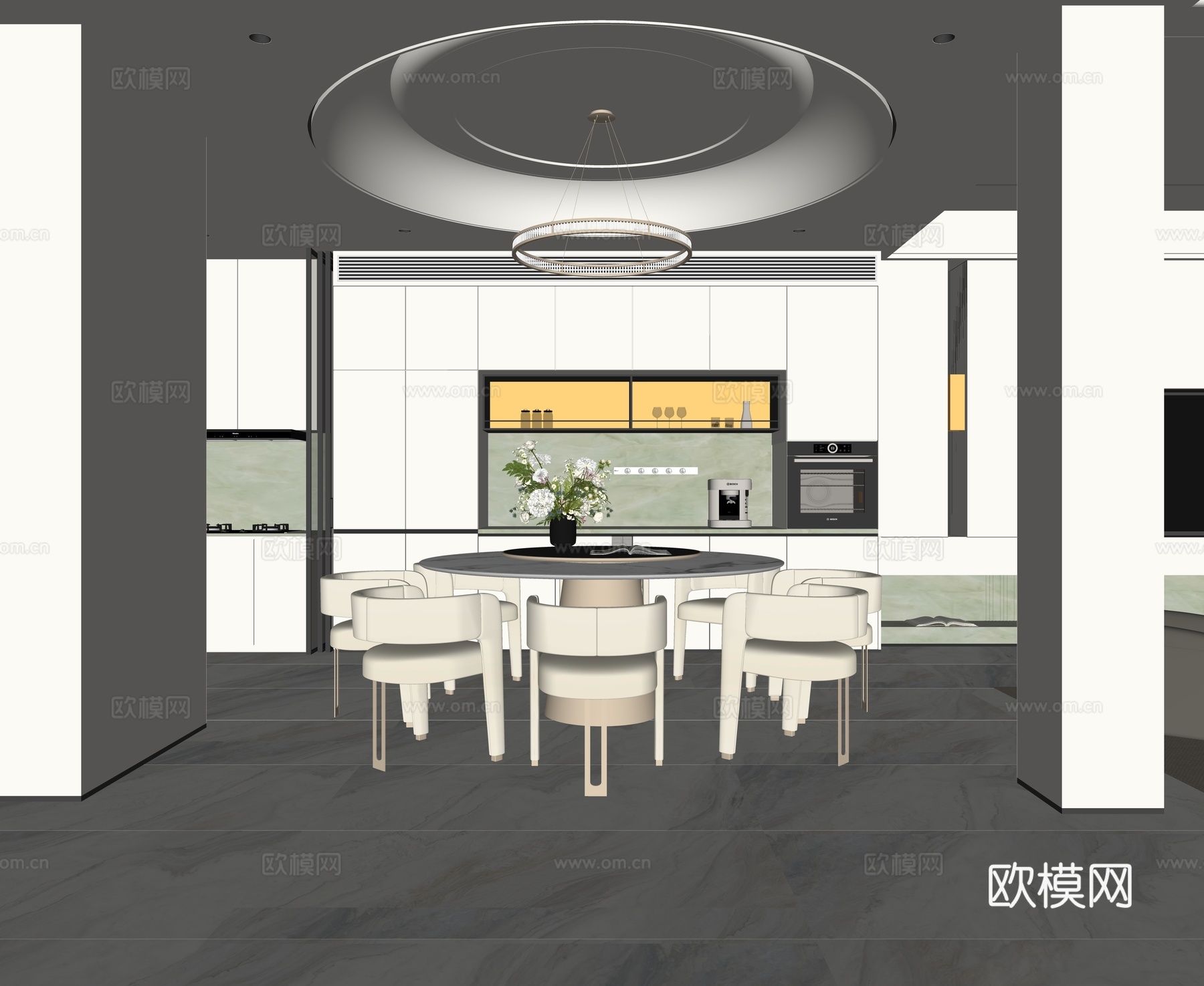意式轻奢餐厅 现代轻奢餐厅 圆形餐桌椅组合 餐边柜 吊灯su模型