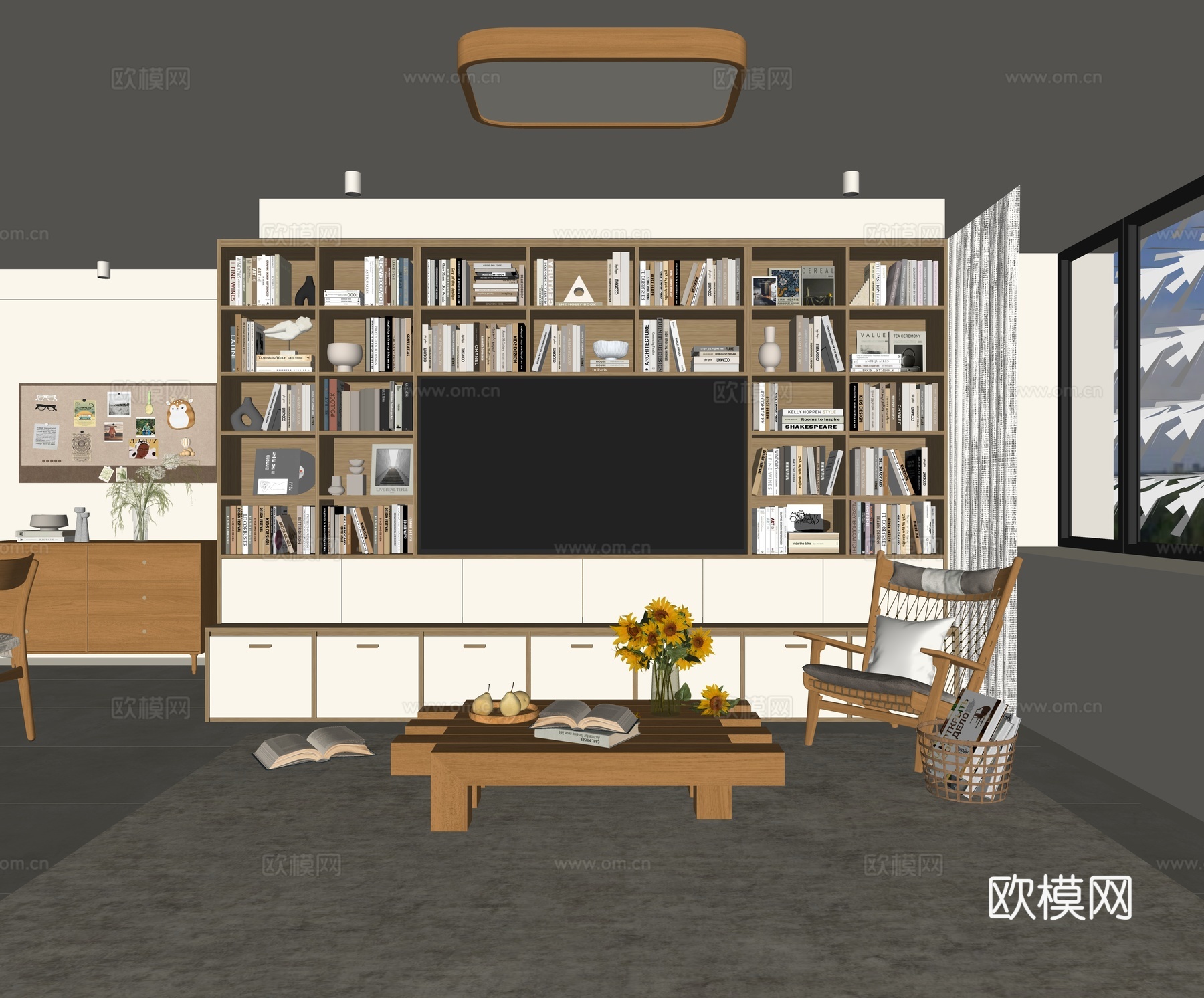 现代原木风客厅 原木电视柜 满墙书柜 实木茶几 成品边柜su模型