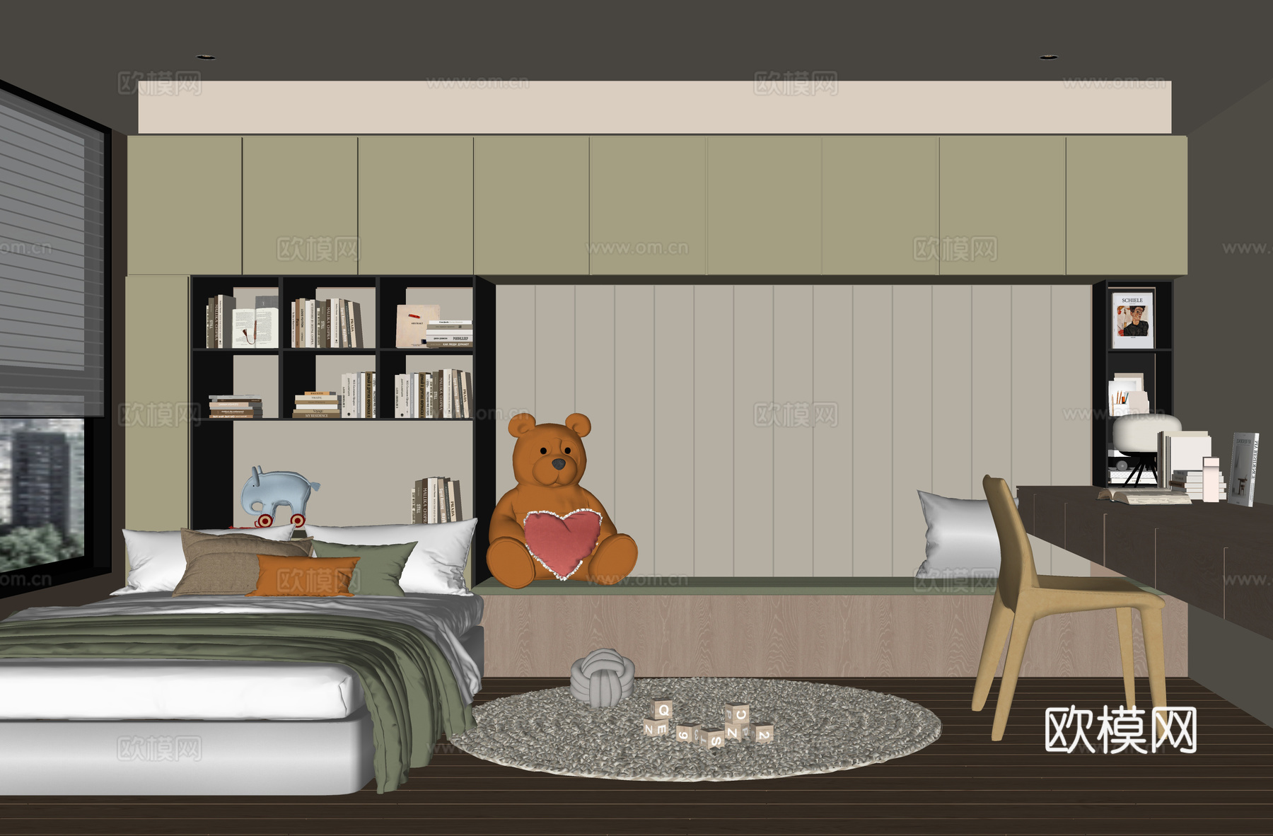 现代榻榻米卧室 儿童房 榻榻米床su模型