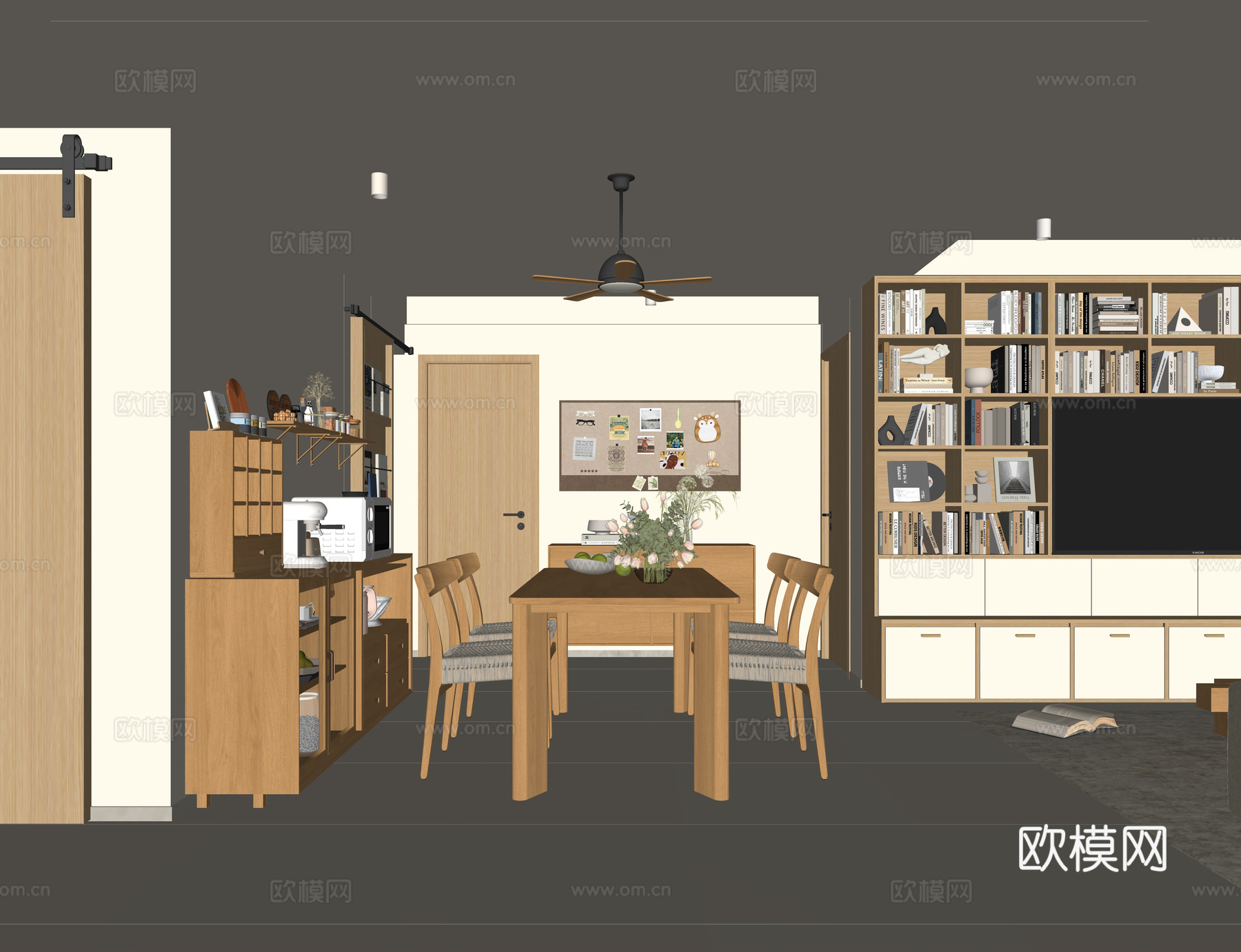 现代原木风餐厅 实木餐桌椅 四人餐桌椅 成品边柜 满墙书柜su模型