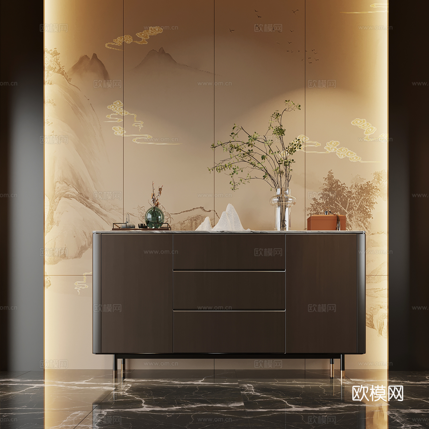 新中式玄关 端景柜 玄关柜su模型