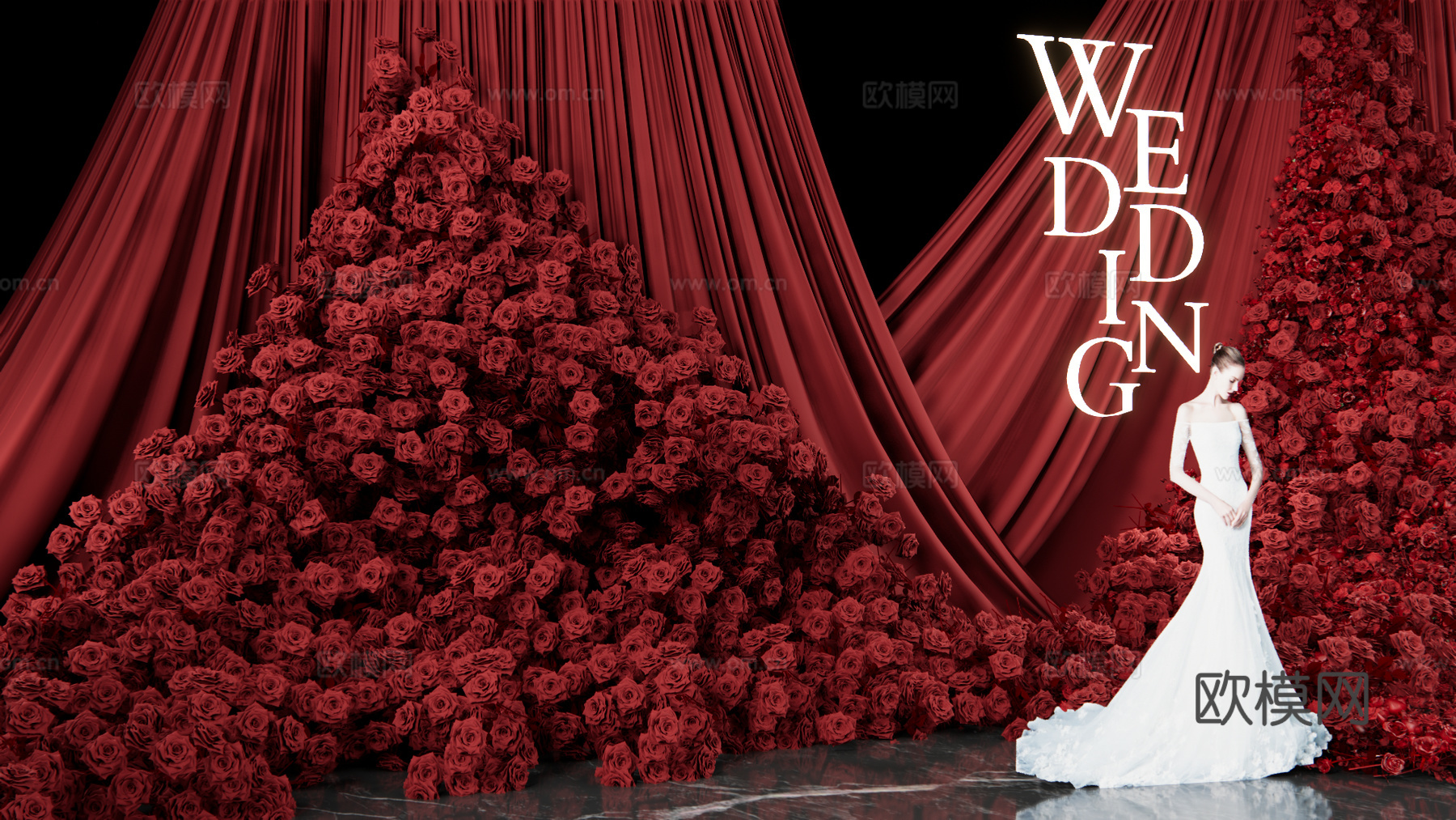 秀场风  红色布幔造型 婚礼花艺su模型