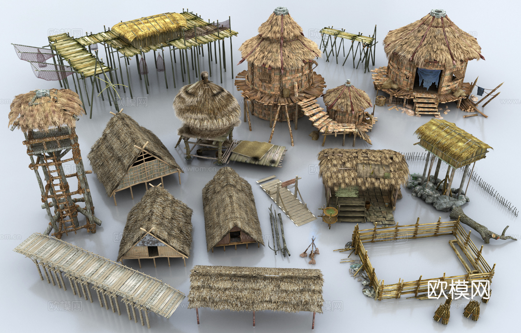 原始部落组合 茅草亭 古典古建筑 部落亭子 茅草屋 围栏su模型