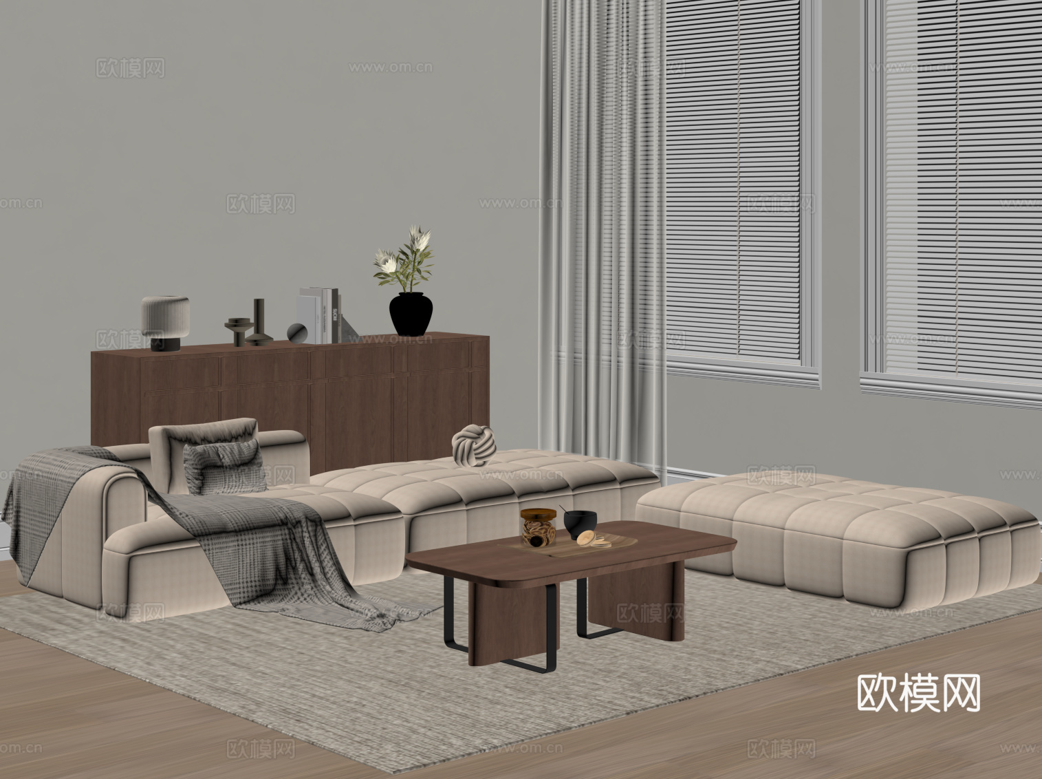 现代中古风沙发 沙发茶几组合su模型