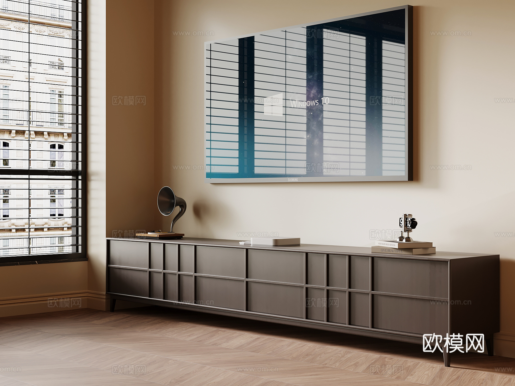 现代中古风电视柜 壁挂式电视su模型