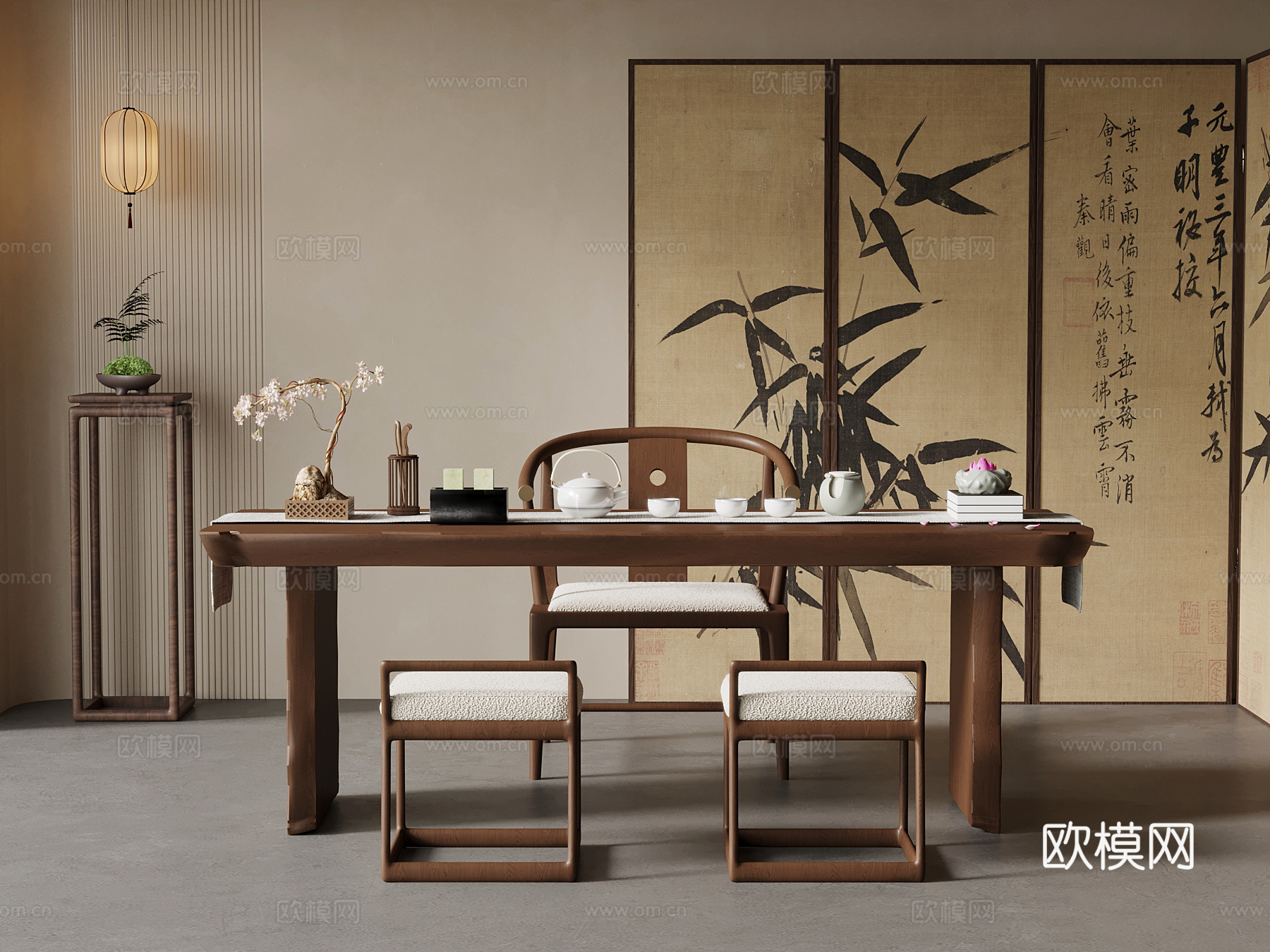 新中式茶桌椅su模型
