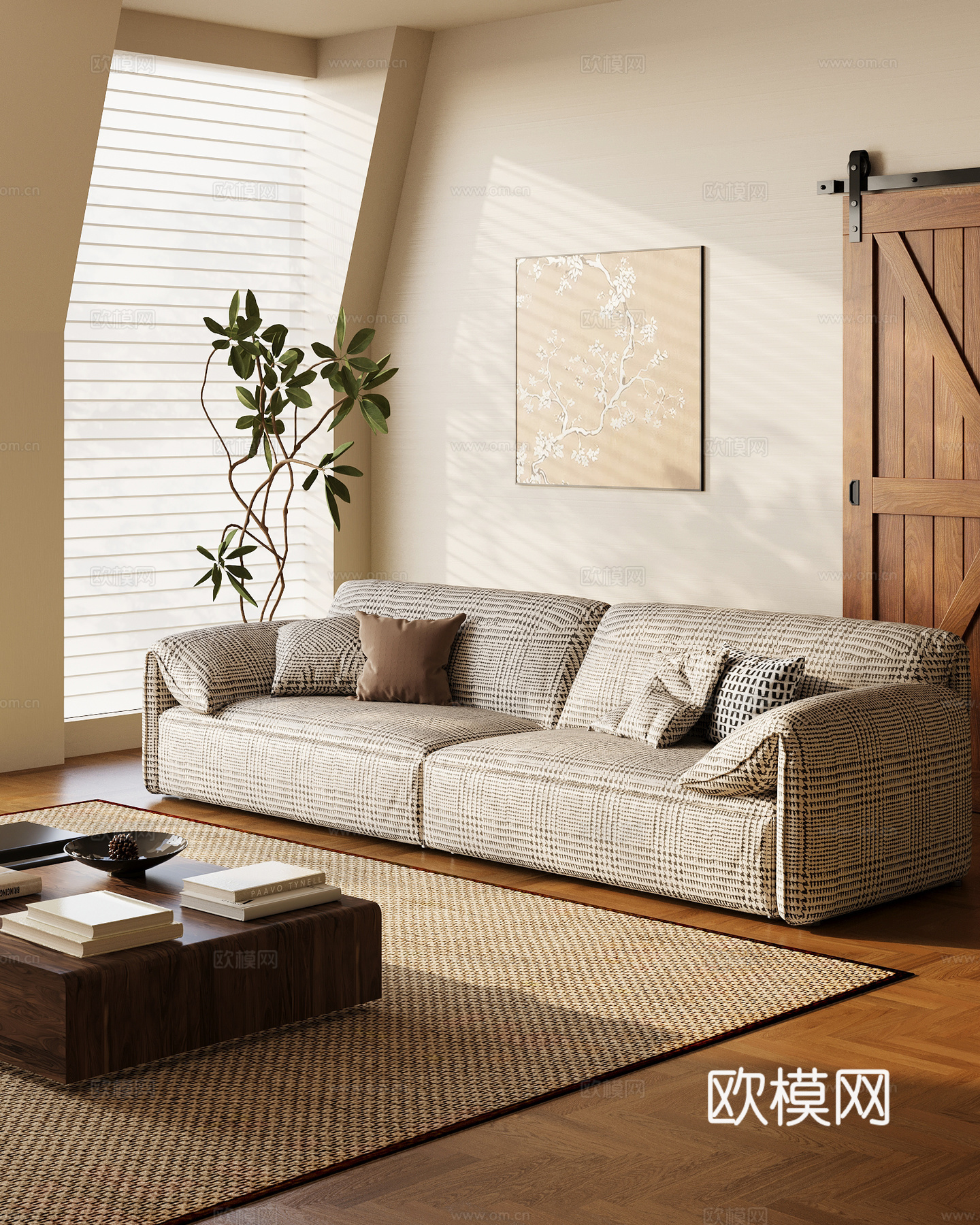 现代中古风多人沙发 休闲布艺沙发3d模型下载