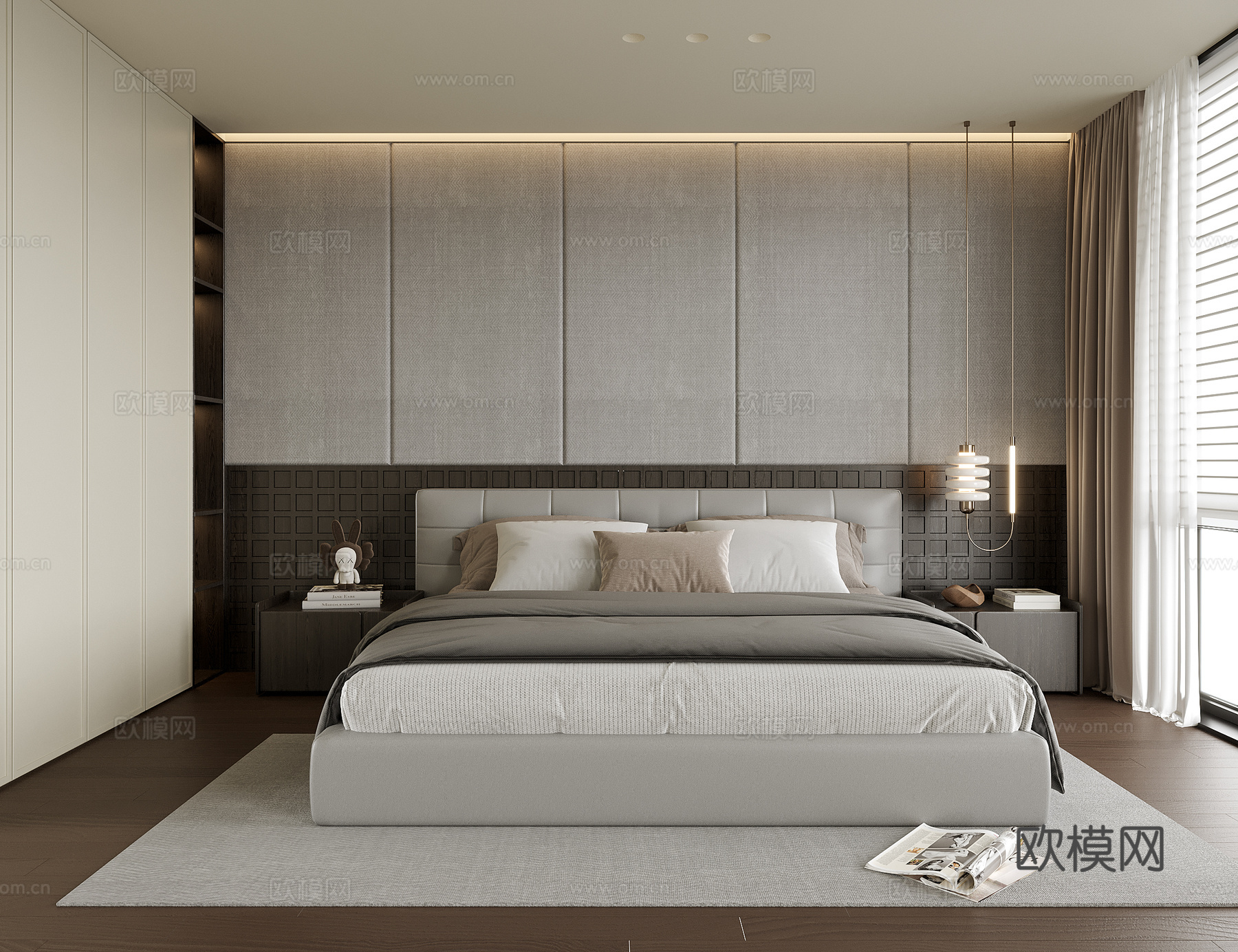 现代卧室 双人床su模型