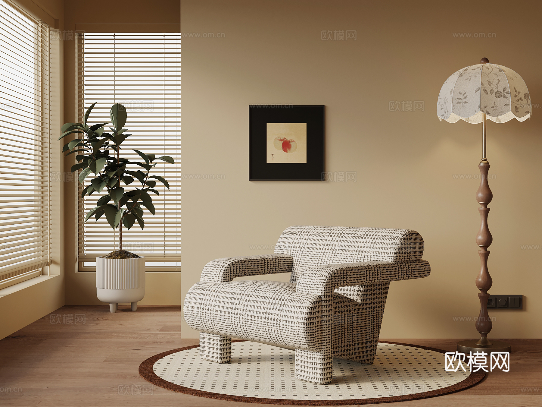 现代中古风沙发 布艺休闲椅su模型