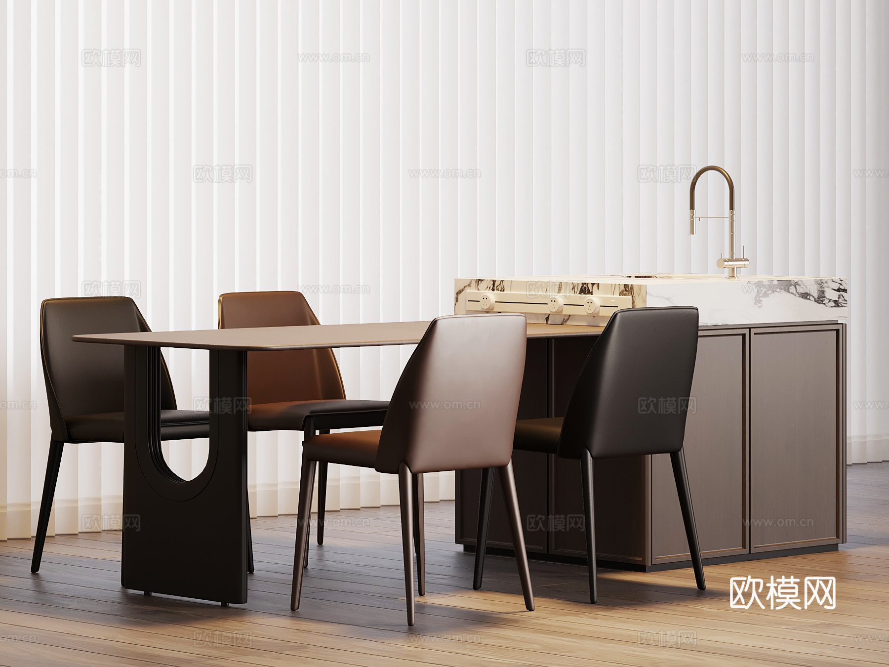 现代意式岛台 开放式餐桌椅su模型