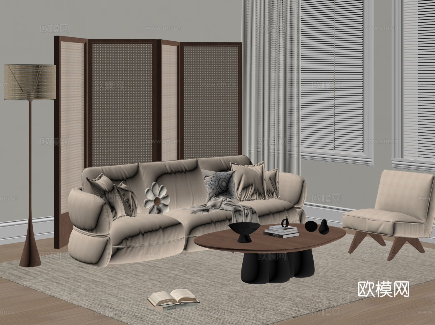 现代中古风沙发 沙发茶几组合su模型