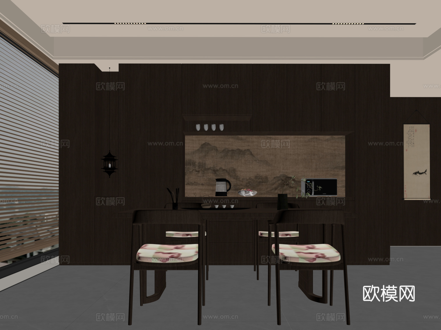 新中式餐厅 餐桌椅 餐边柜su模型