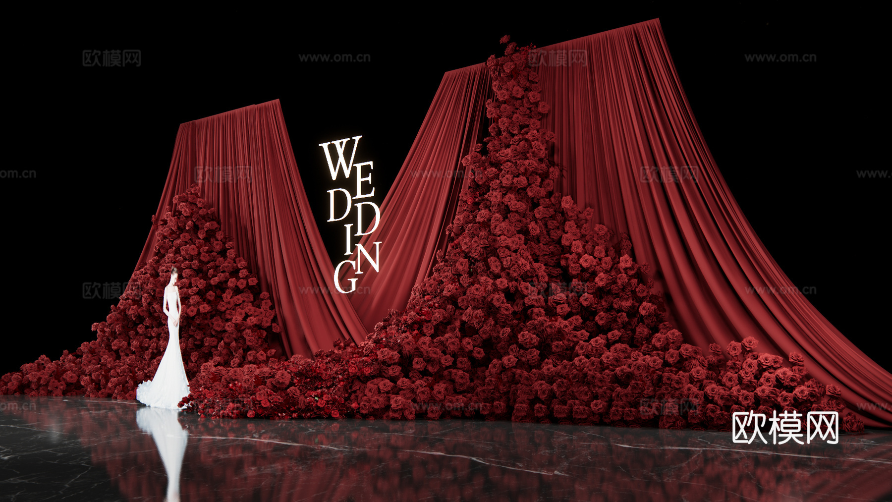 秀场风  红色布幔造型 婚礼花艺su模型