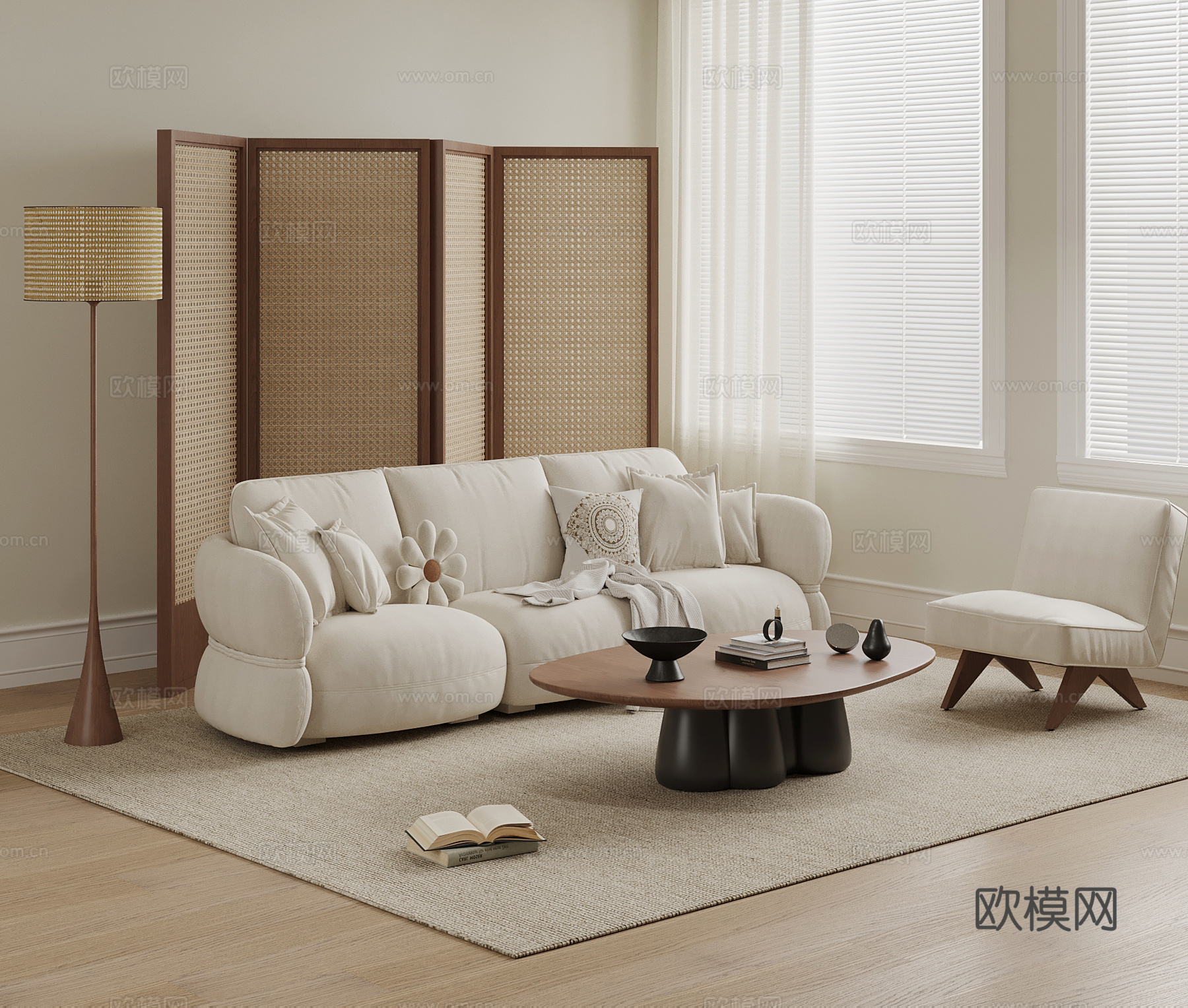 现代中古风沙发 沙发茶几组合su模型