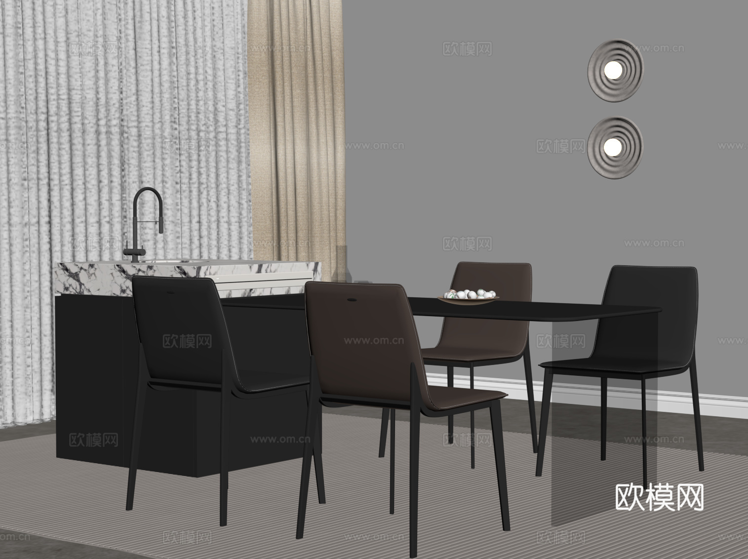 现代意式岛台 开放式餐桌椅su模型