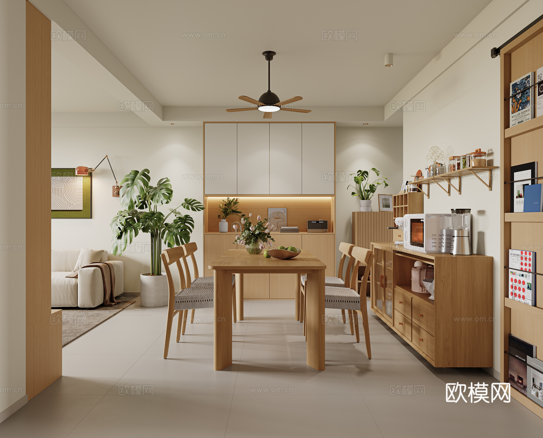 现代原木风餐厅 实木餐桌椅 四人餐桌椅 成品边柜 装饰柜su模型