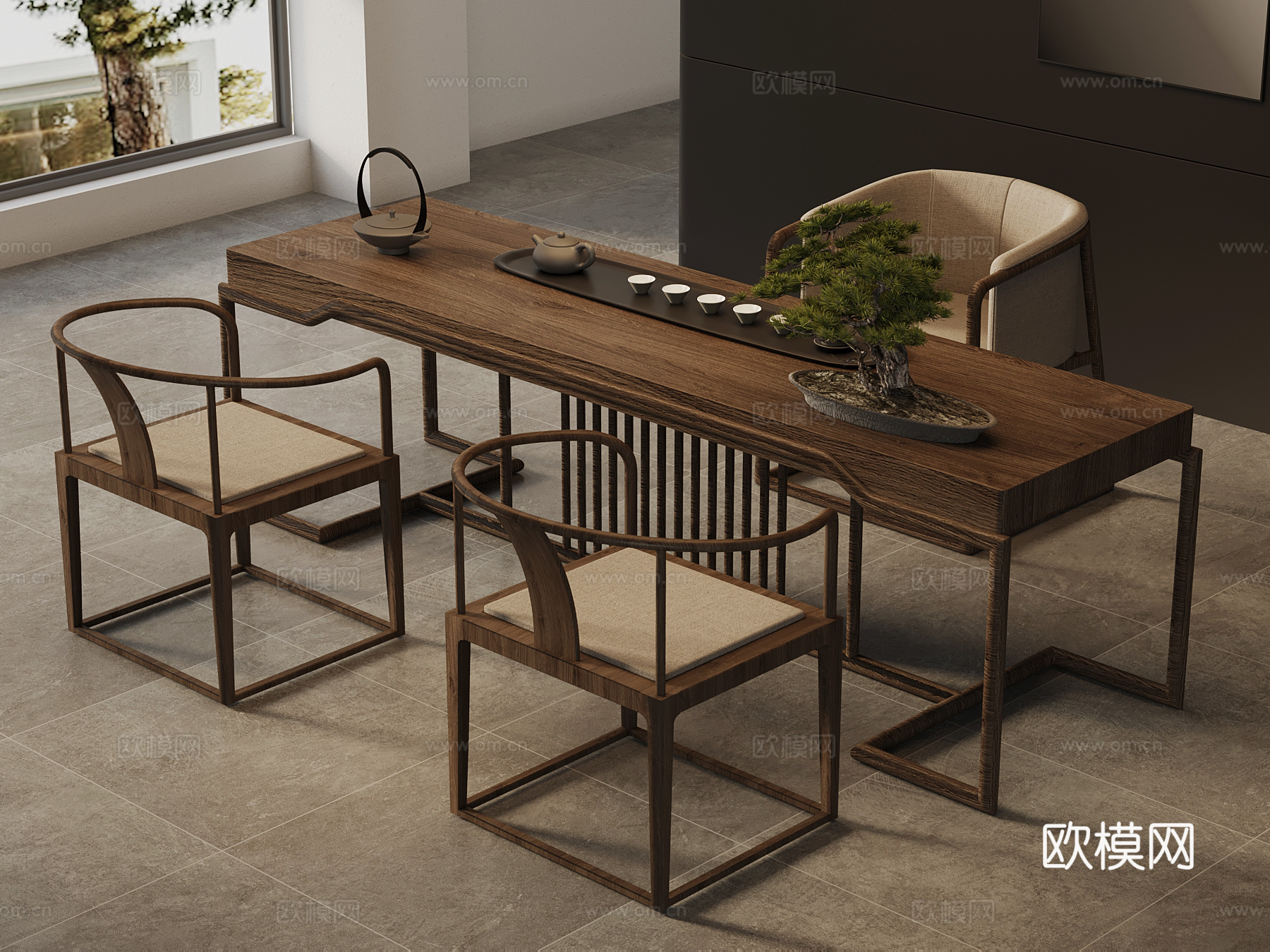 新中式茶桌椅su模型