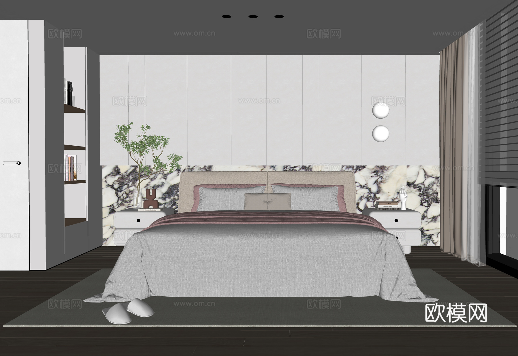 现代卧室 双人床 床头柜su模型