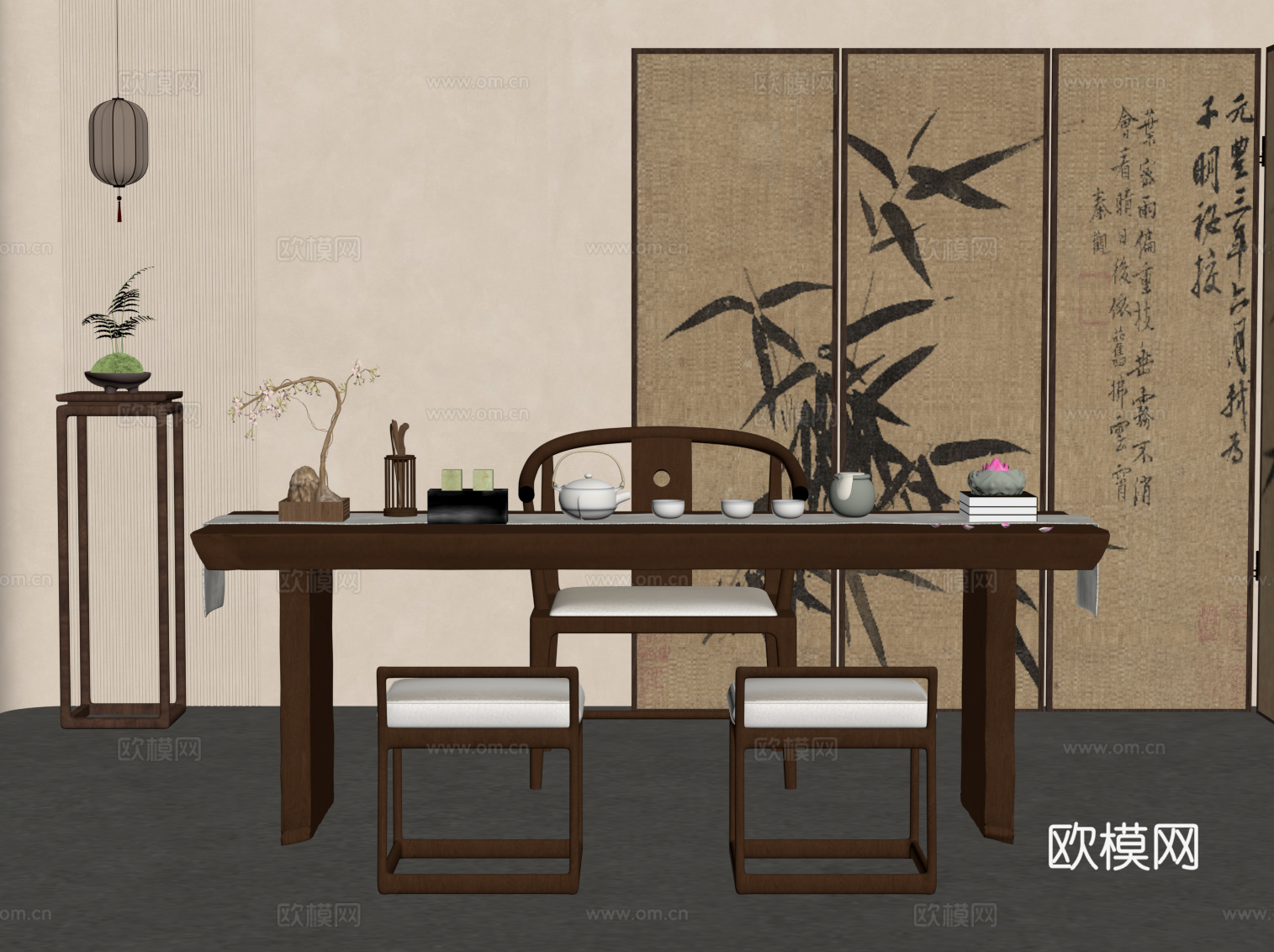 新中式茶桌椅su模型