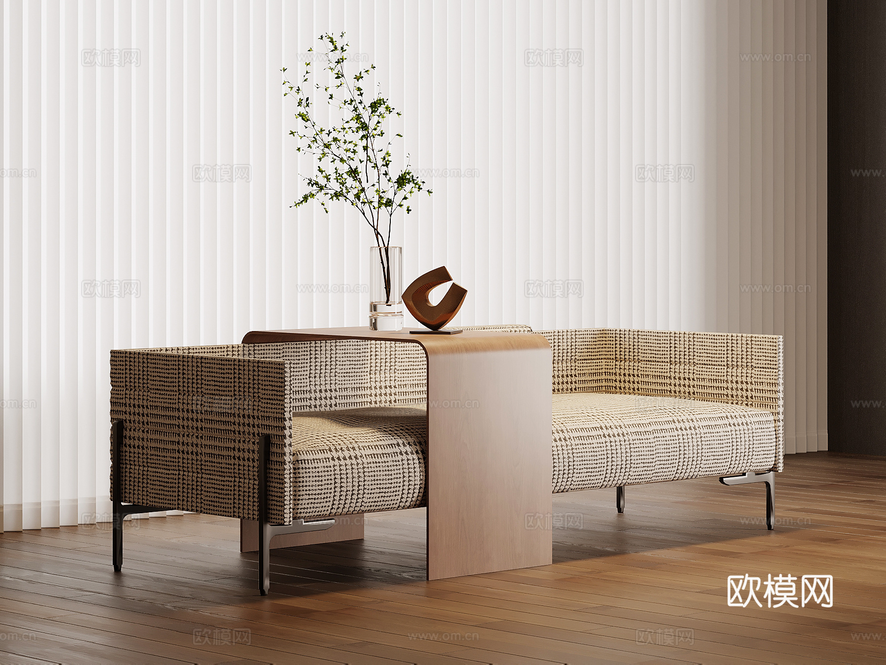 现代中古风多人沙发 休闲沙发su模型