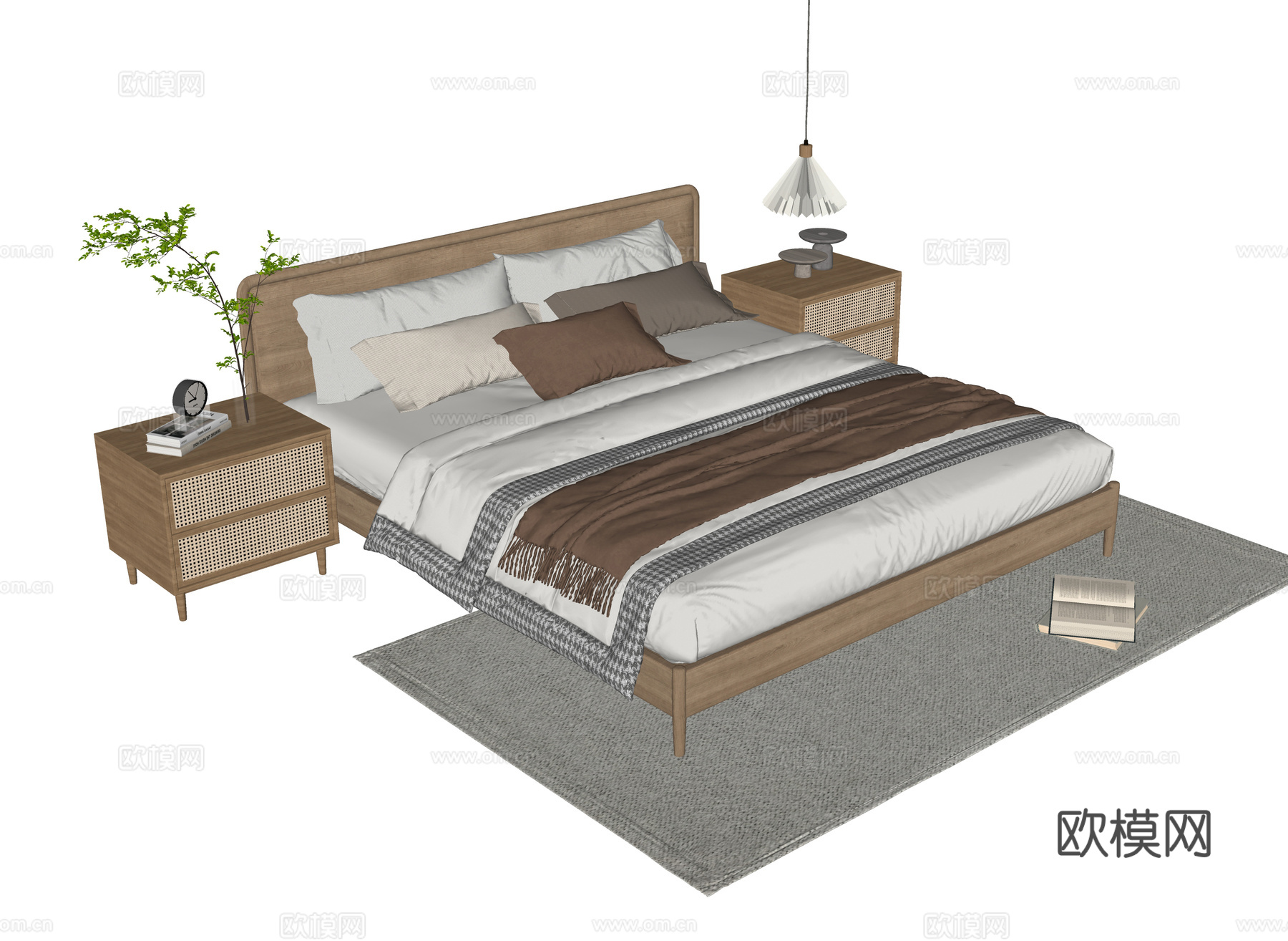 现代双人床 床头柜su模型