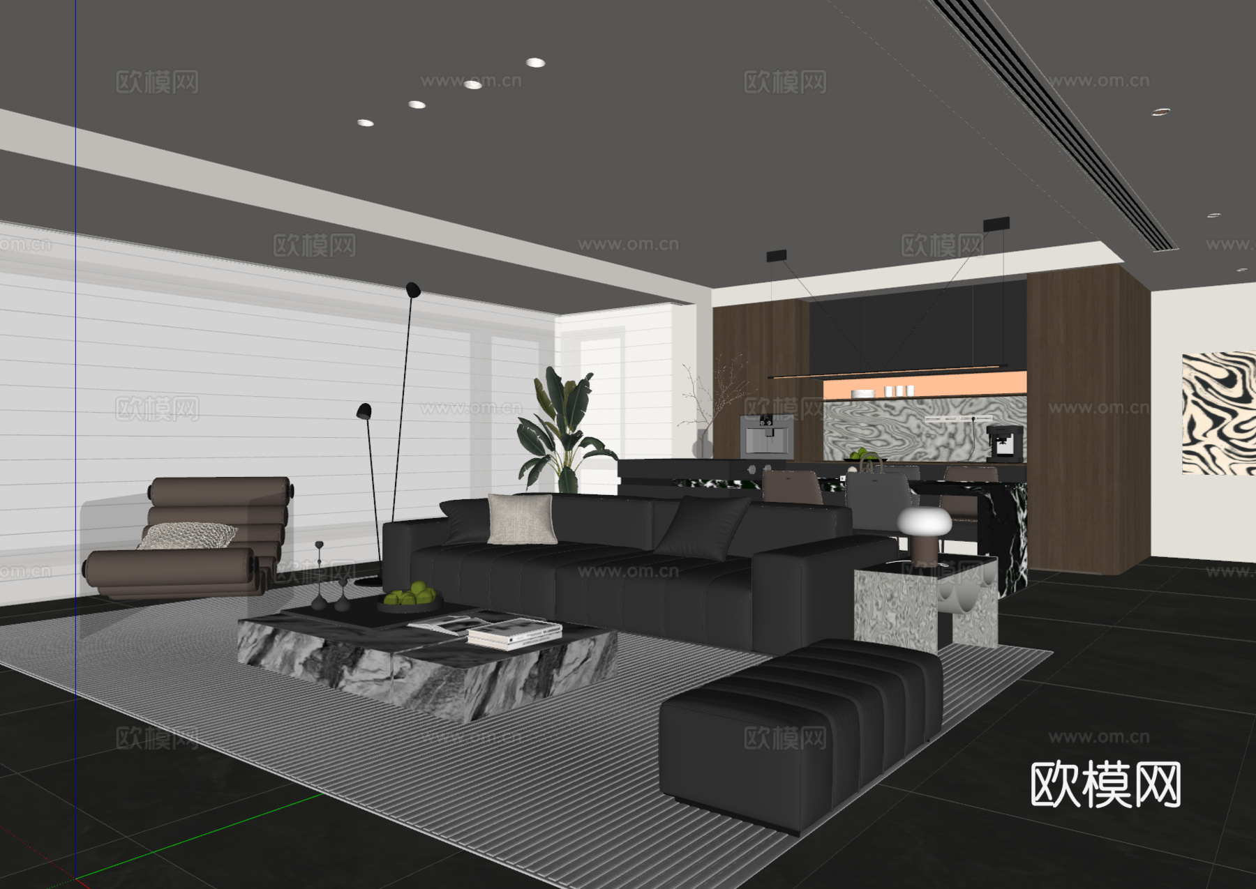 现代意式客餐厅 沙发茶几 餐桌椅 吊灯 餐边柜 酒柜su模型