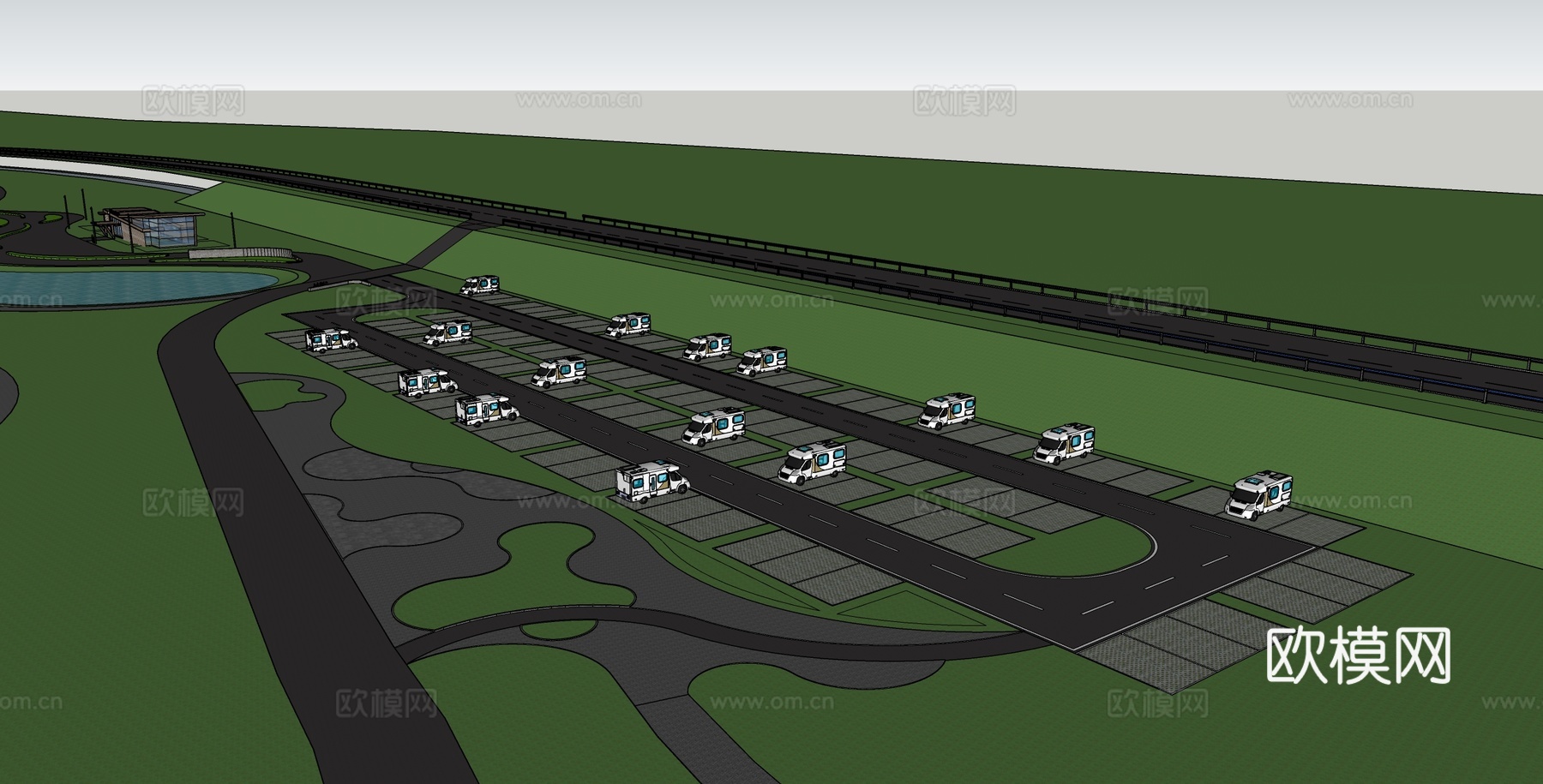 现代生态停车场 户外停车场 景区停车场su模型