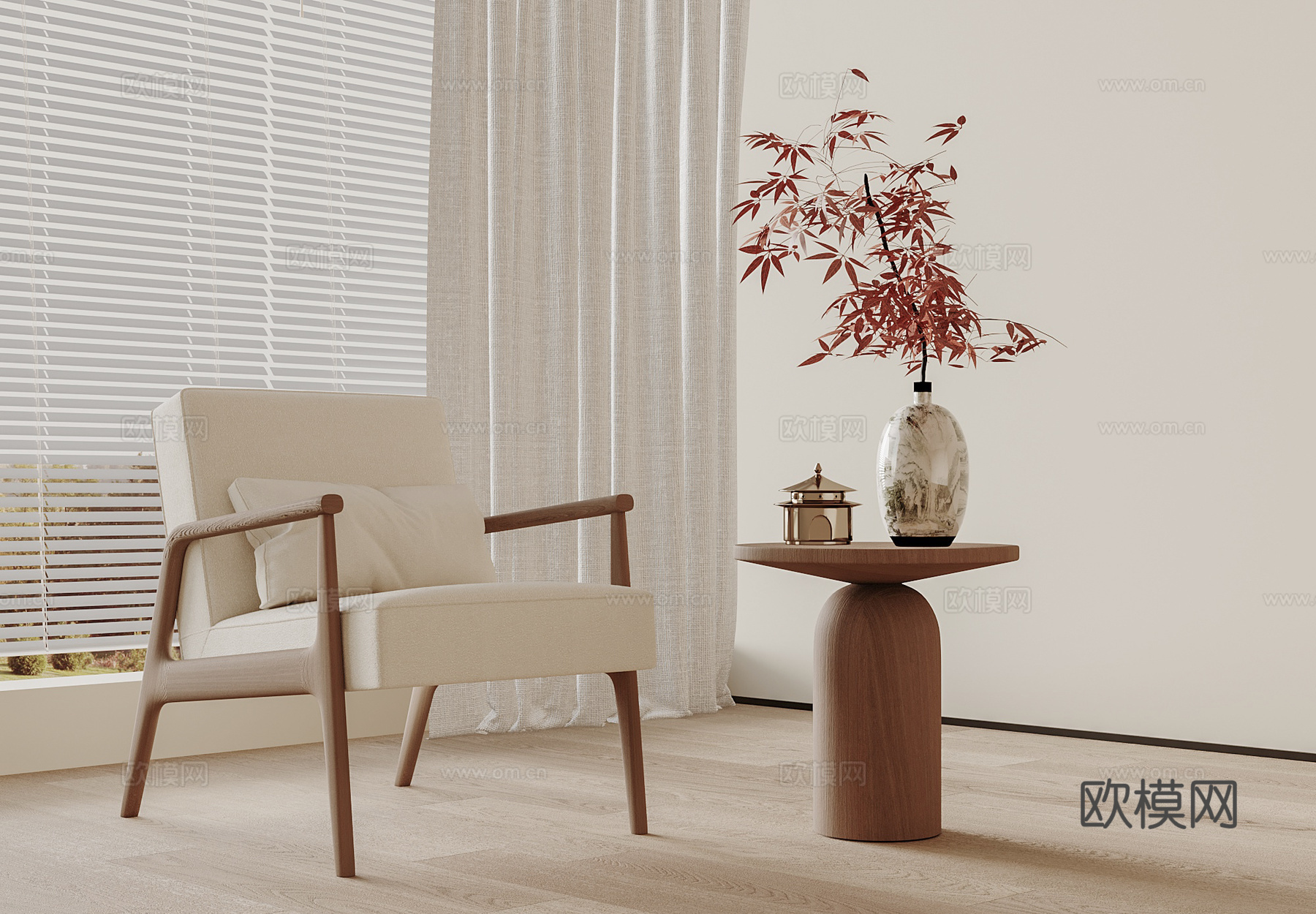 新中式休闲椅茶几 休闲椅组合 绿植摆件su模型