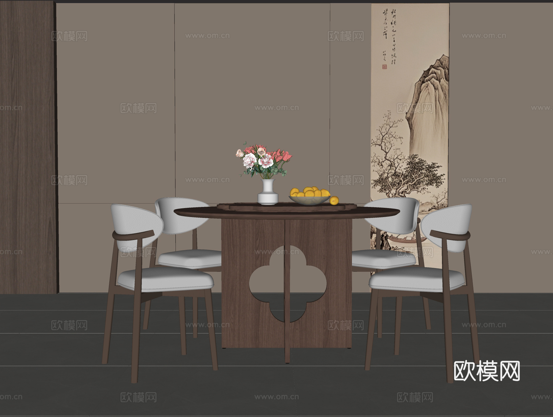 新中式餐桌椅 圆餐桌su模型