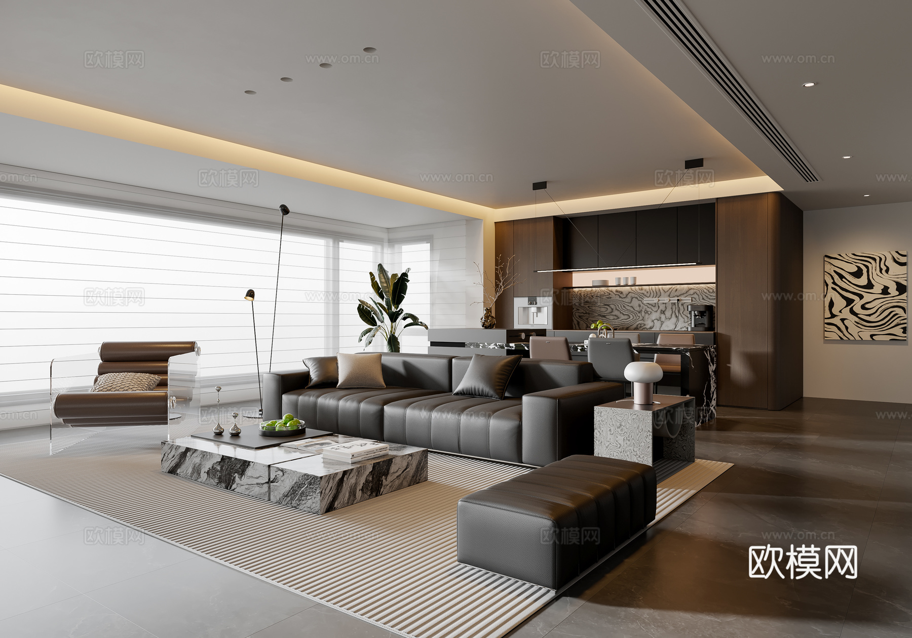 现代意式客餐厅 沙发茶几 餐桌椅 吊灯 餐边柜 酒柜su模型